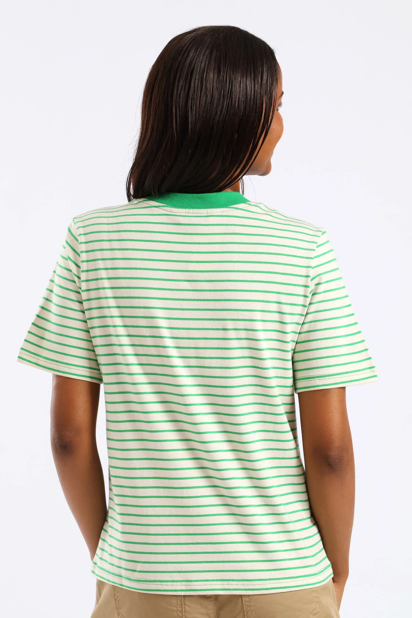 Boxy Plain Rib Neck Skinny Stripe Tee - Cream/Green - Image 3