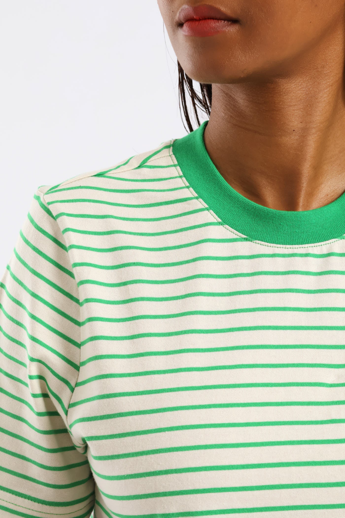 Boxy Plain Rib Neck Skinny Stripe Tee - Cream/Green - Image 4