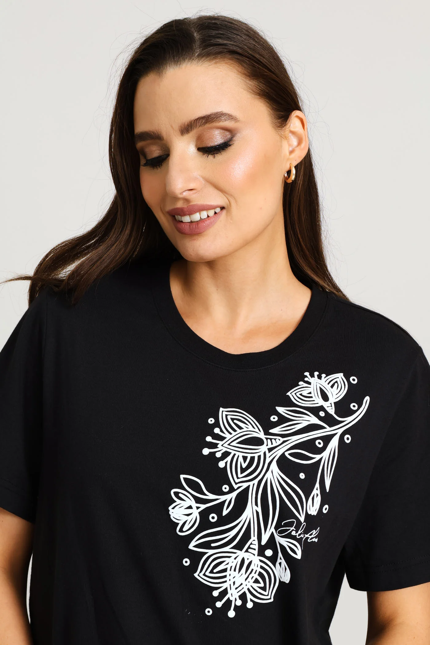 Boxy Puff Placement Floral Tee With Rib Neck - Black - Image 2