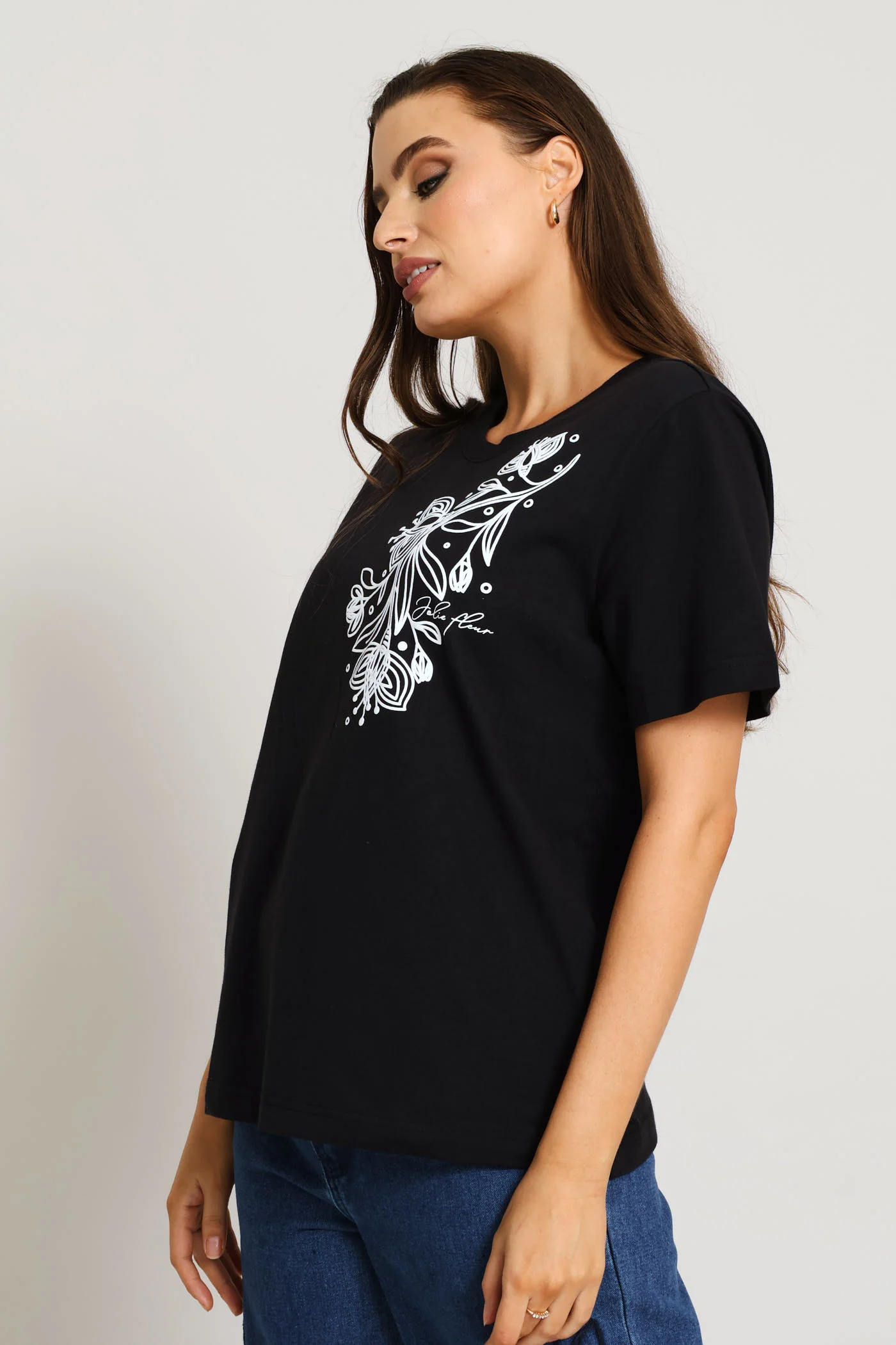 Boxy Puff Placement Floral Tee With Rib Neck - Black - Image 3