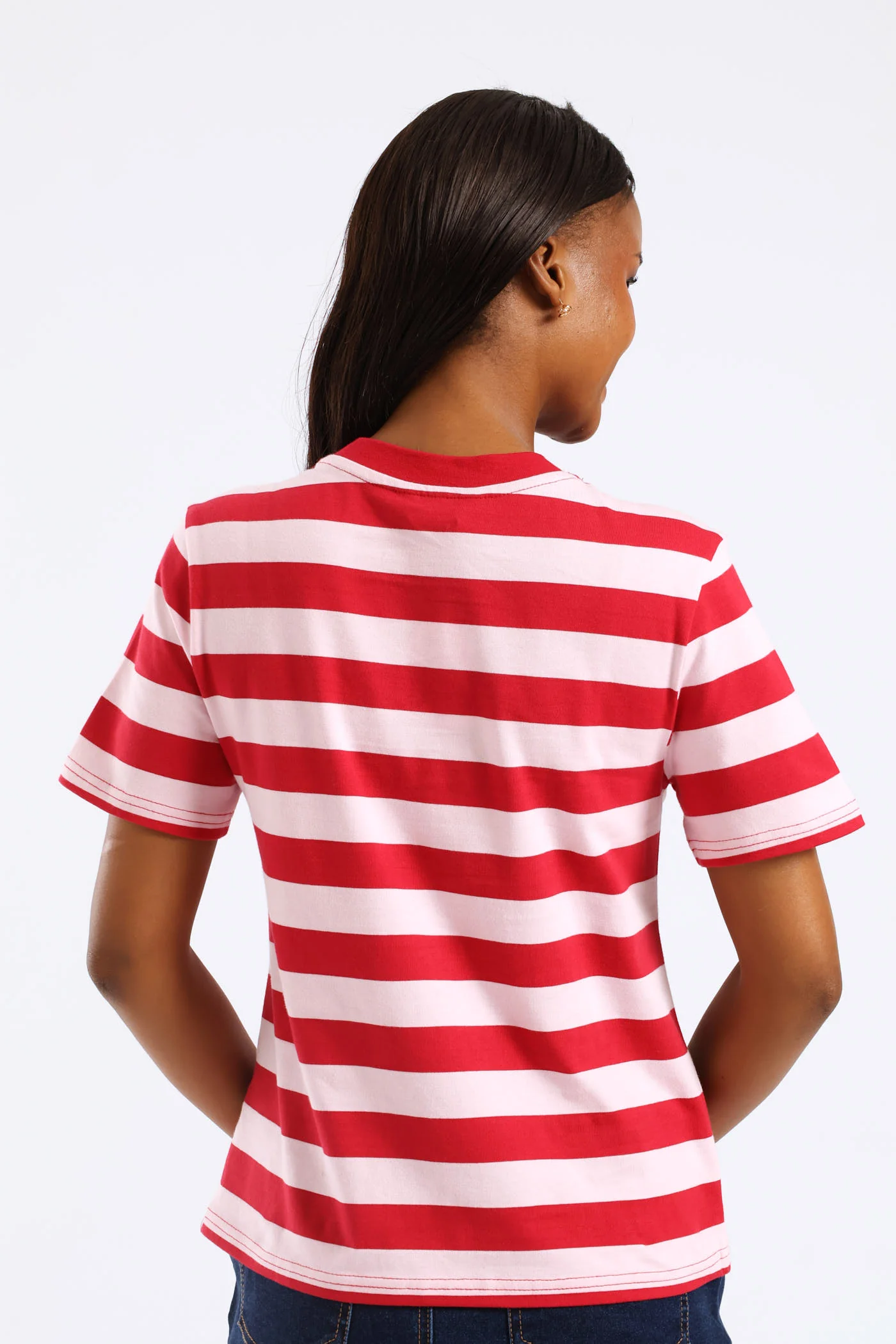Boxy Regular Stripe Rib Neck Tee - Red/Pink - Image 2