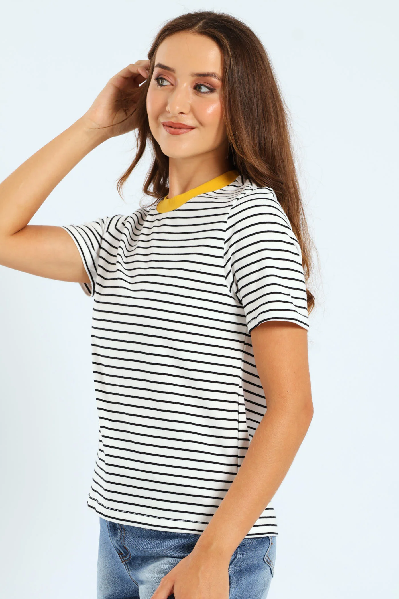 Boxy Skinny Stripe Tee With Contrast Rib Detail - Black/White - Image 2