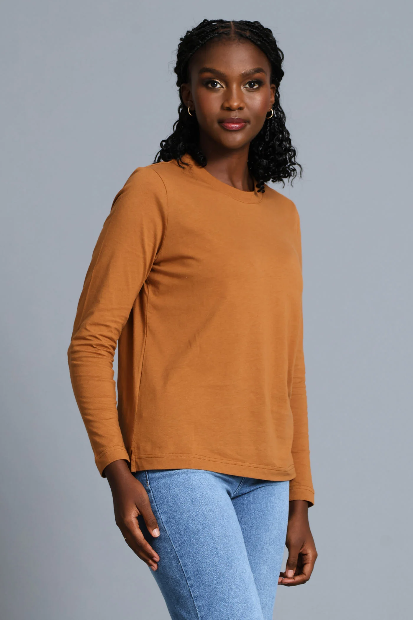 Boxy Step Hem Crew Neck Tee - Tobacco - Image 2