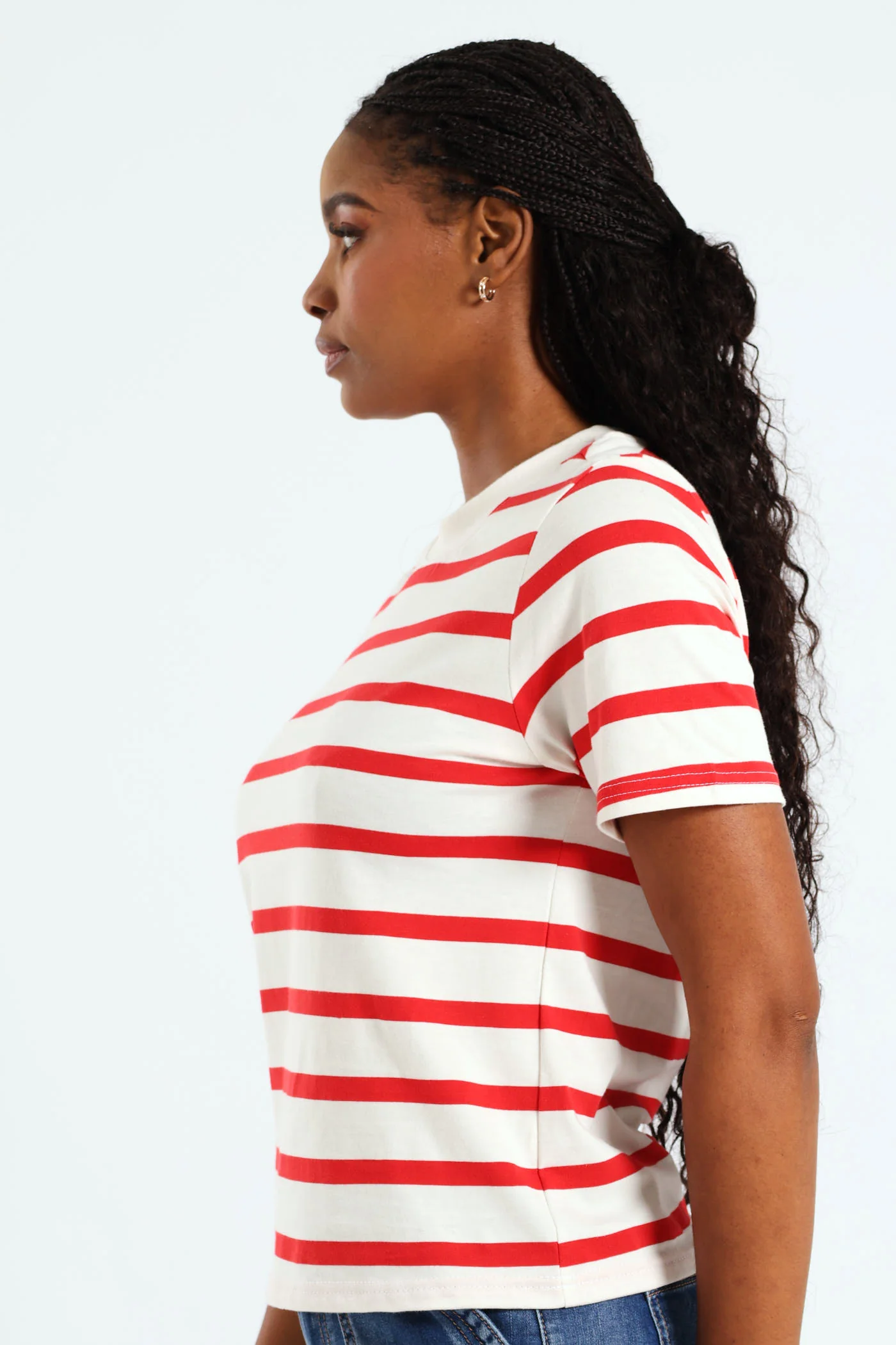 Boxy Stripe Tee With Plain Rib Neck - White/Red - Image 3