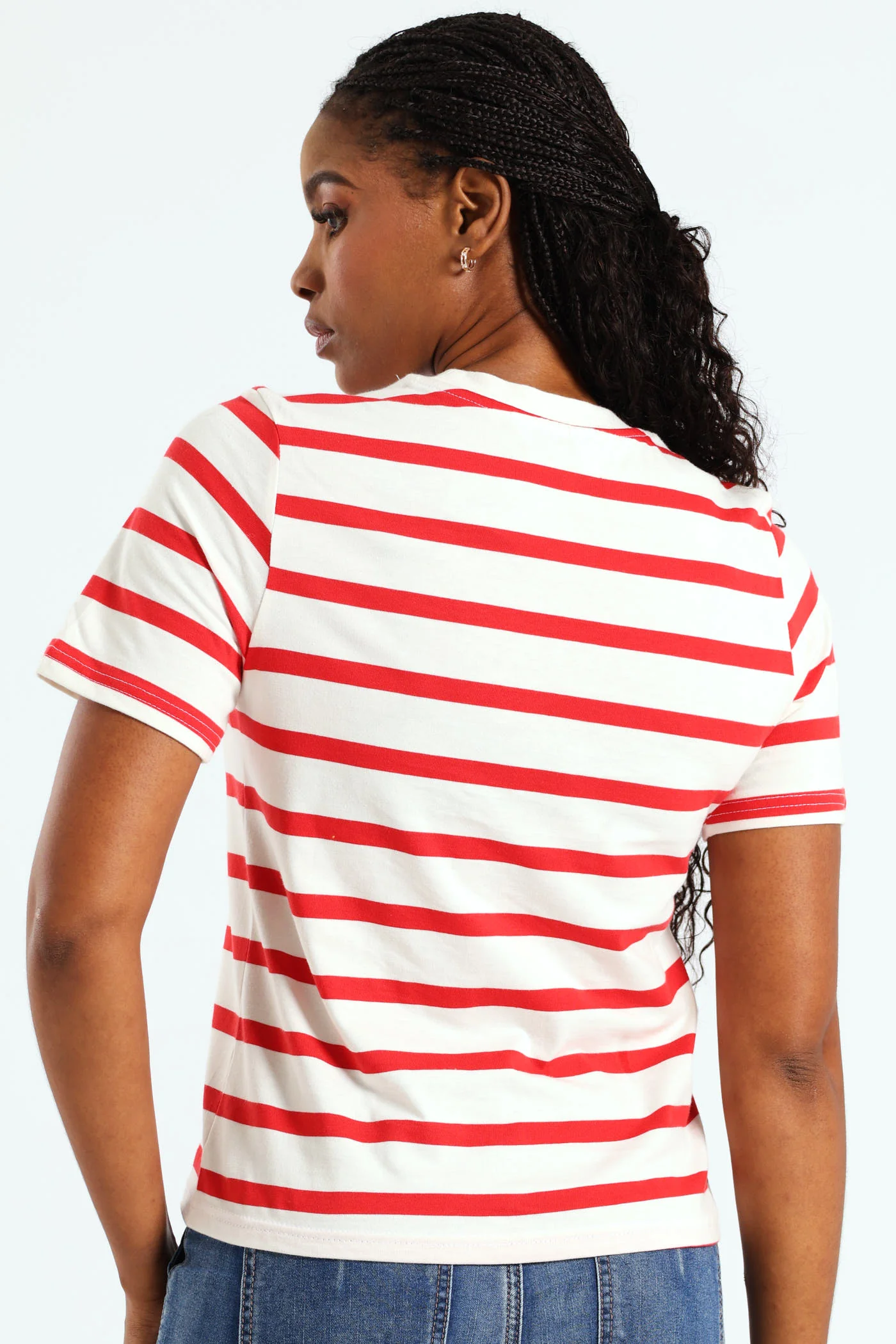 Boxy Stripe Tee With Plain Rib Neck - White/Red - Image 4
