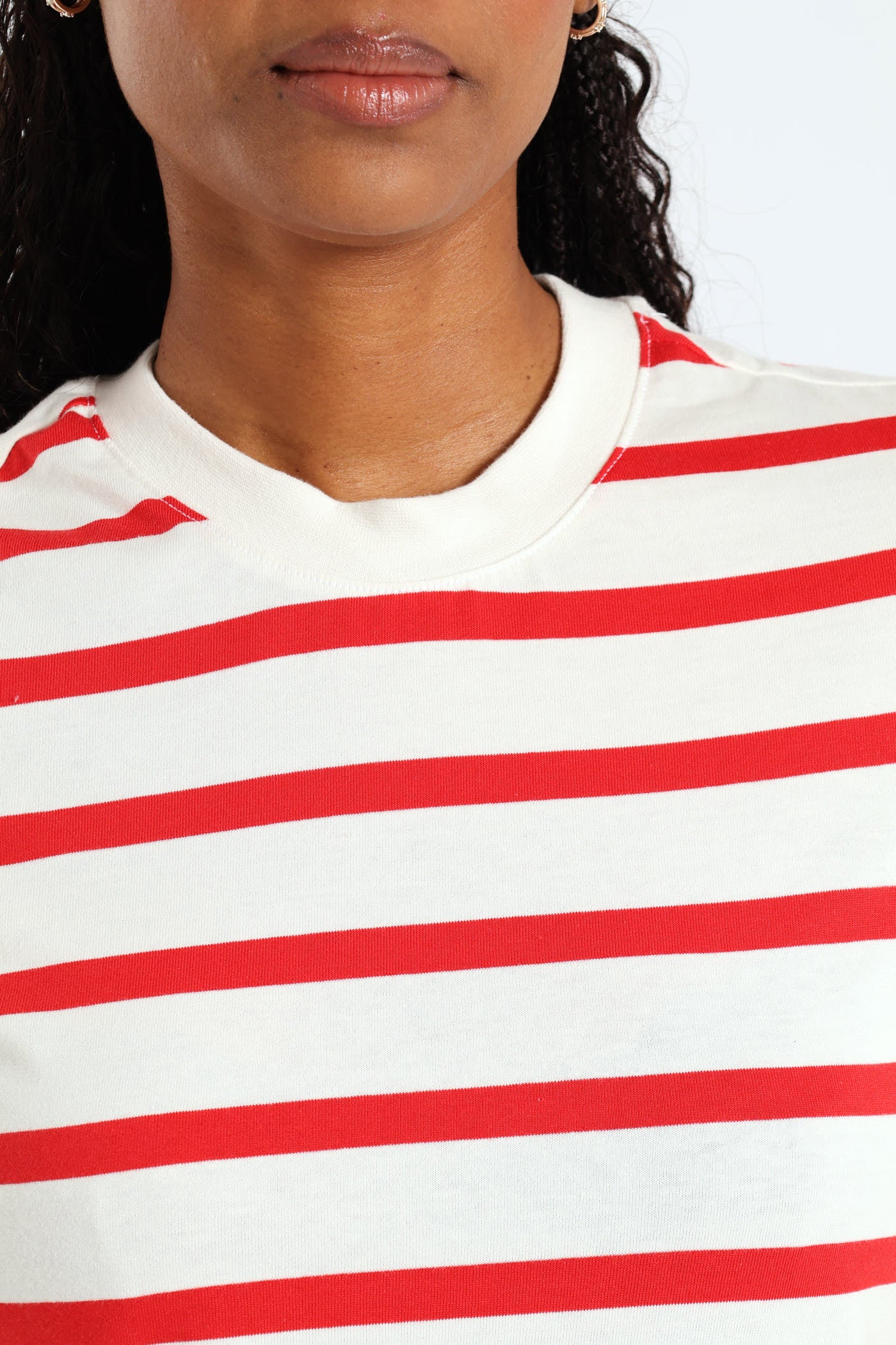 Boxy Stripe Tee With Plain Rib Neck - White/Red - Image 5