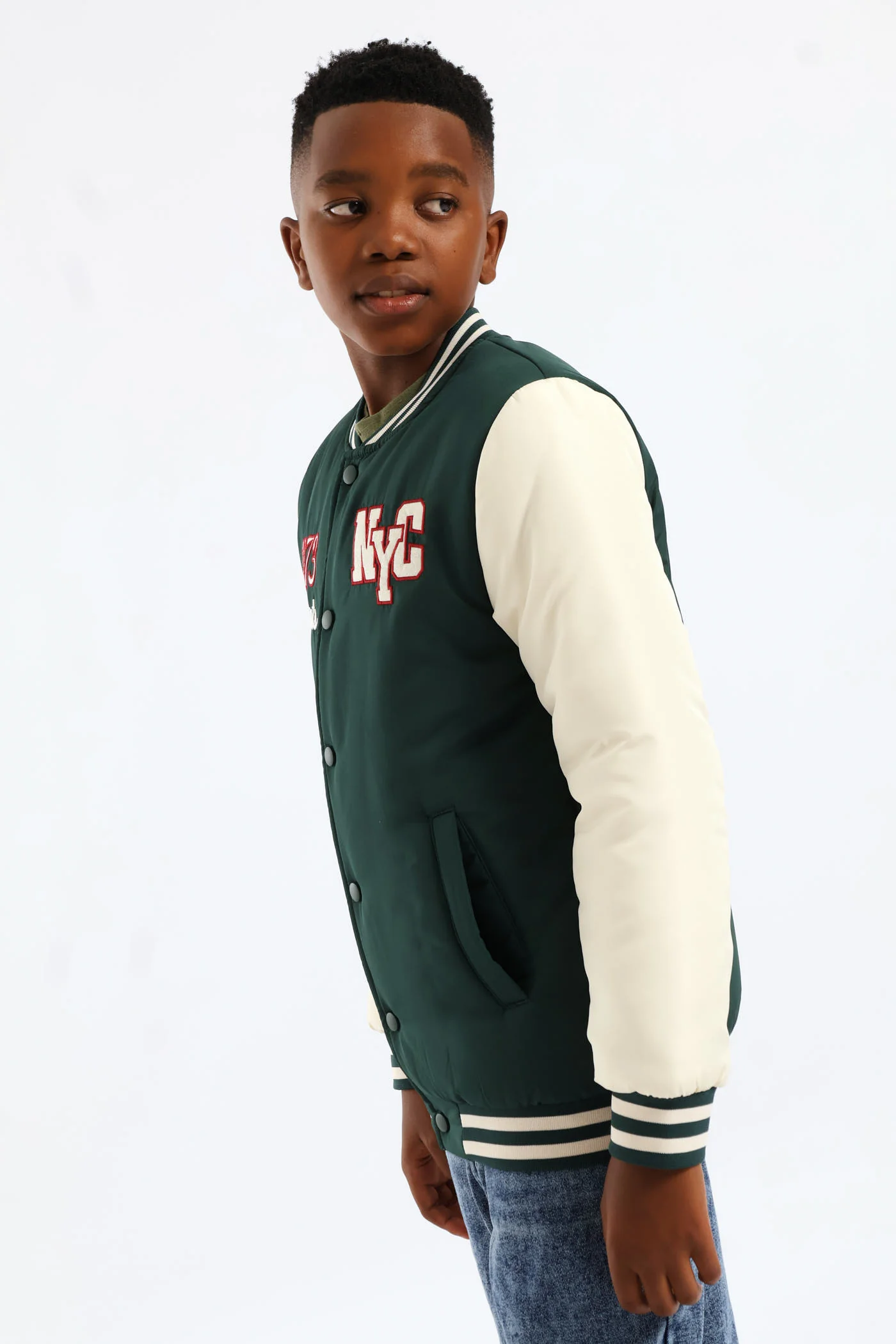 Boys Baseball Bomber Jacket - Dark Green - Image 3