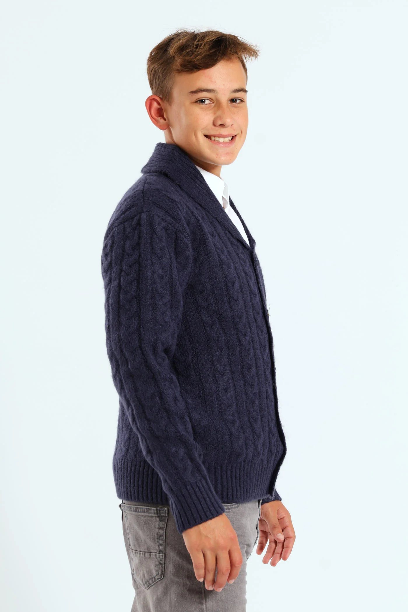 Boys Cable Knit Shawl Collar Button Up - Navy - Image 2