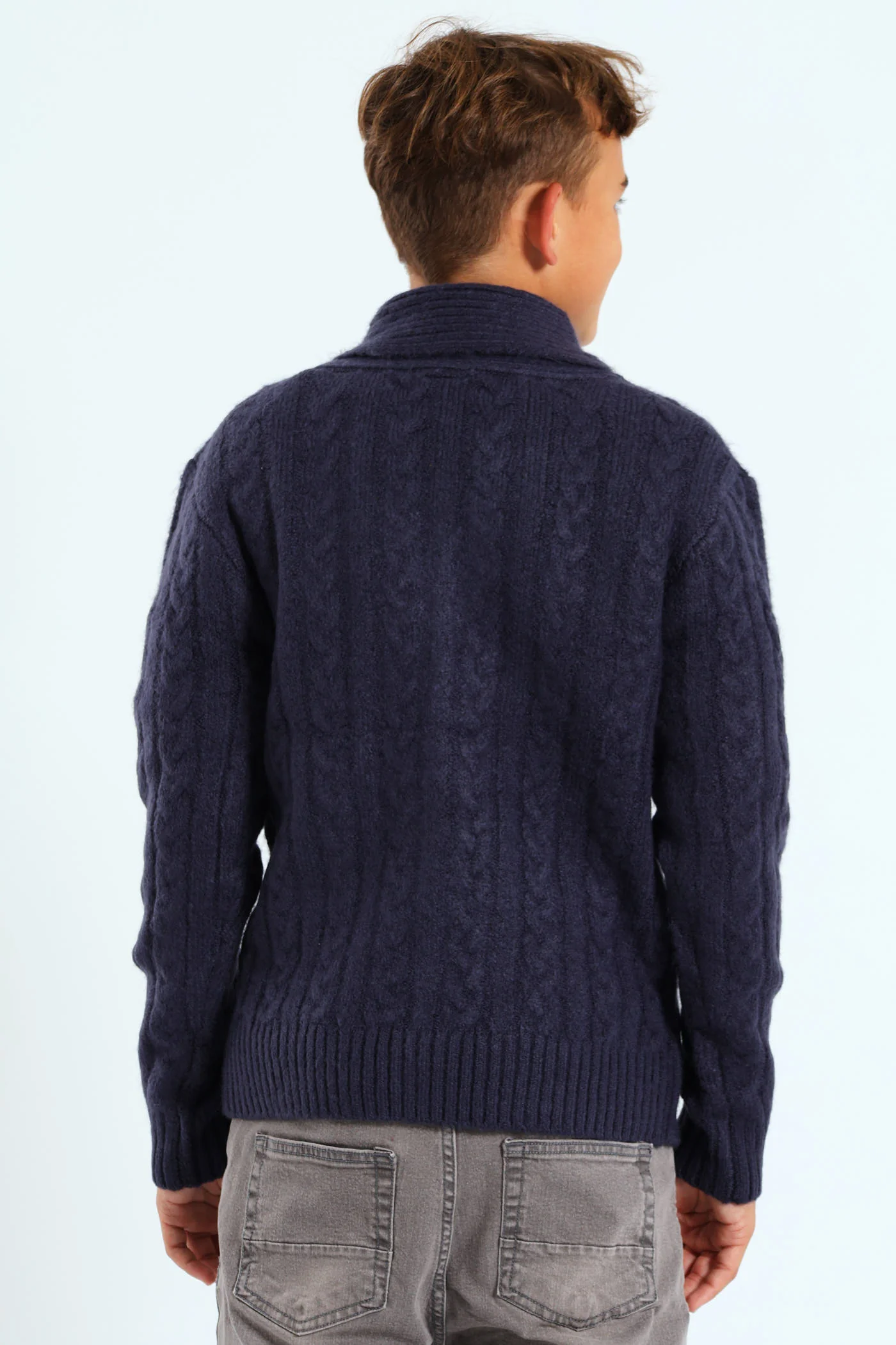 Boys Cable Knit Shawl Collar Button Up - Navy - Image 3