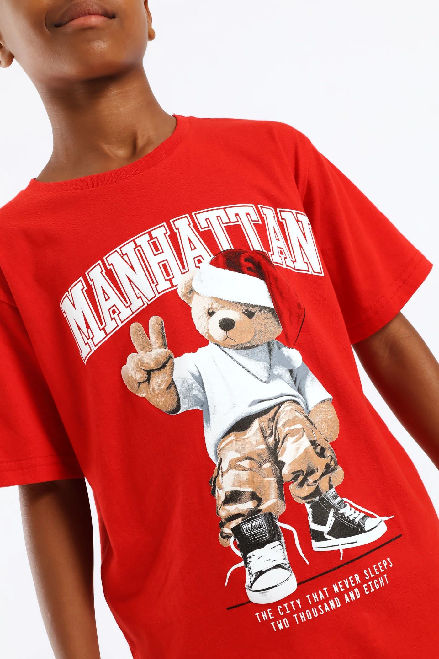 Boys Christmas Teddy Print T-Shirt - Red - Image 2