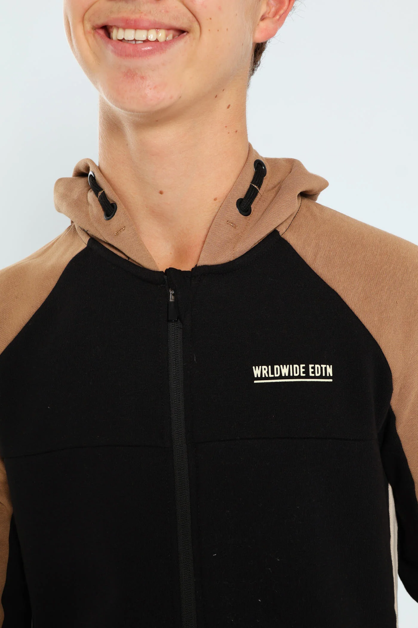 Boys Colourblock Zip Through Hoodie - Black/Tan - Image 3