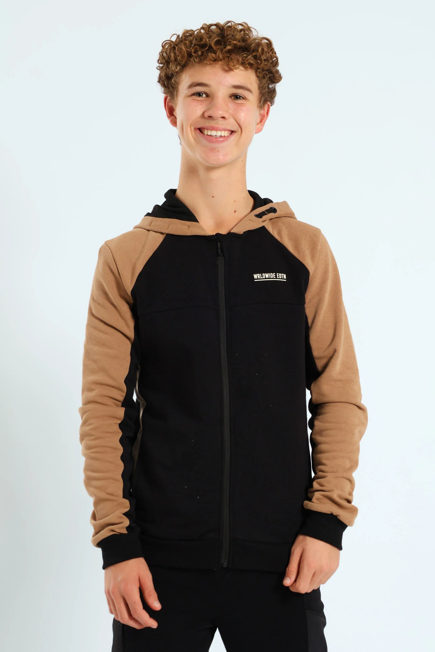 Boys Colourblock Zip Through Hoodie - Black/Tan - Image 4