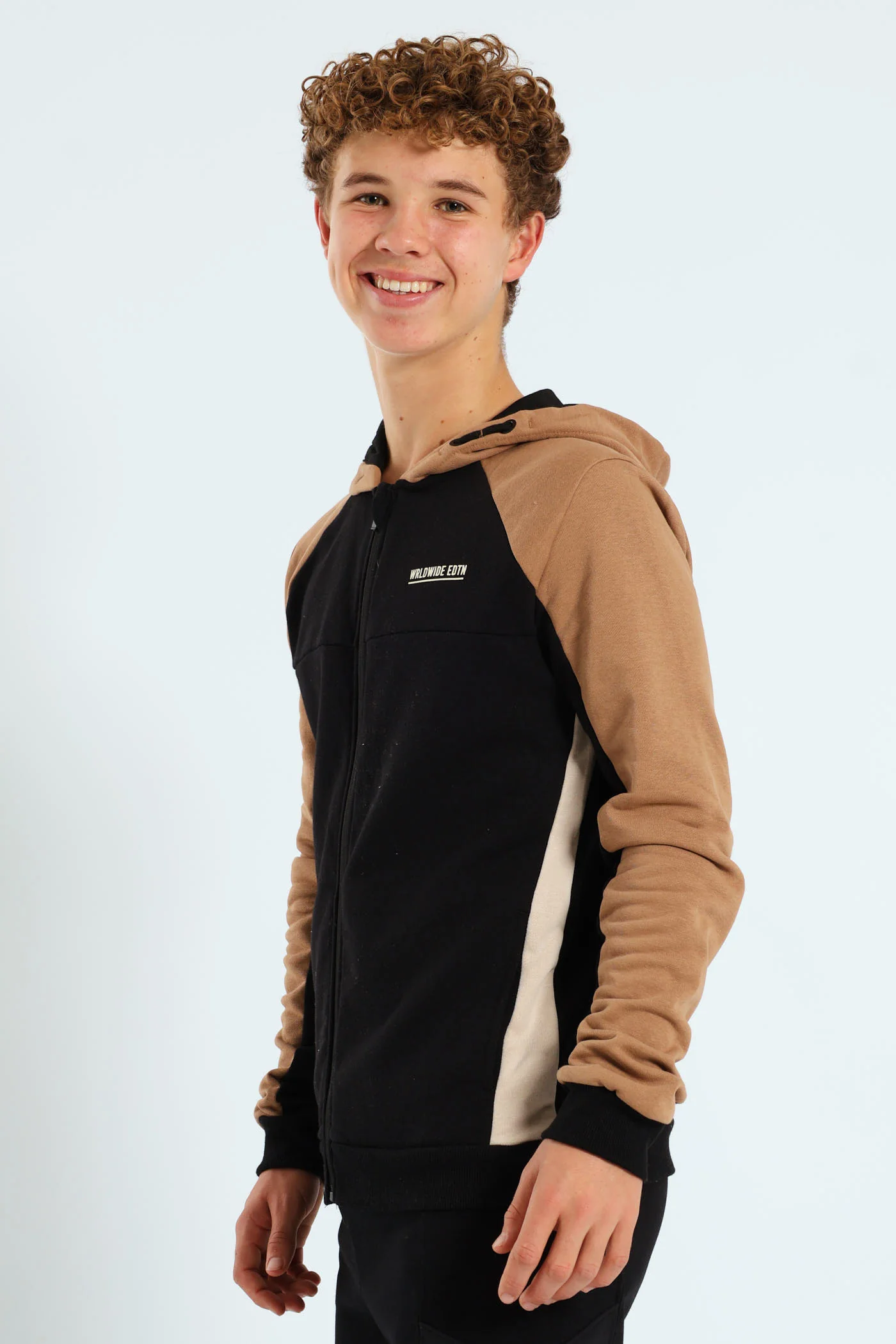 Boys Colourblock Zip Through Hoodie - Black/Tan - Image 5