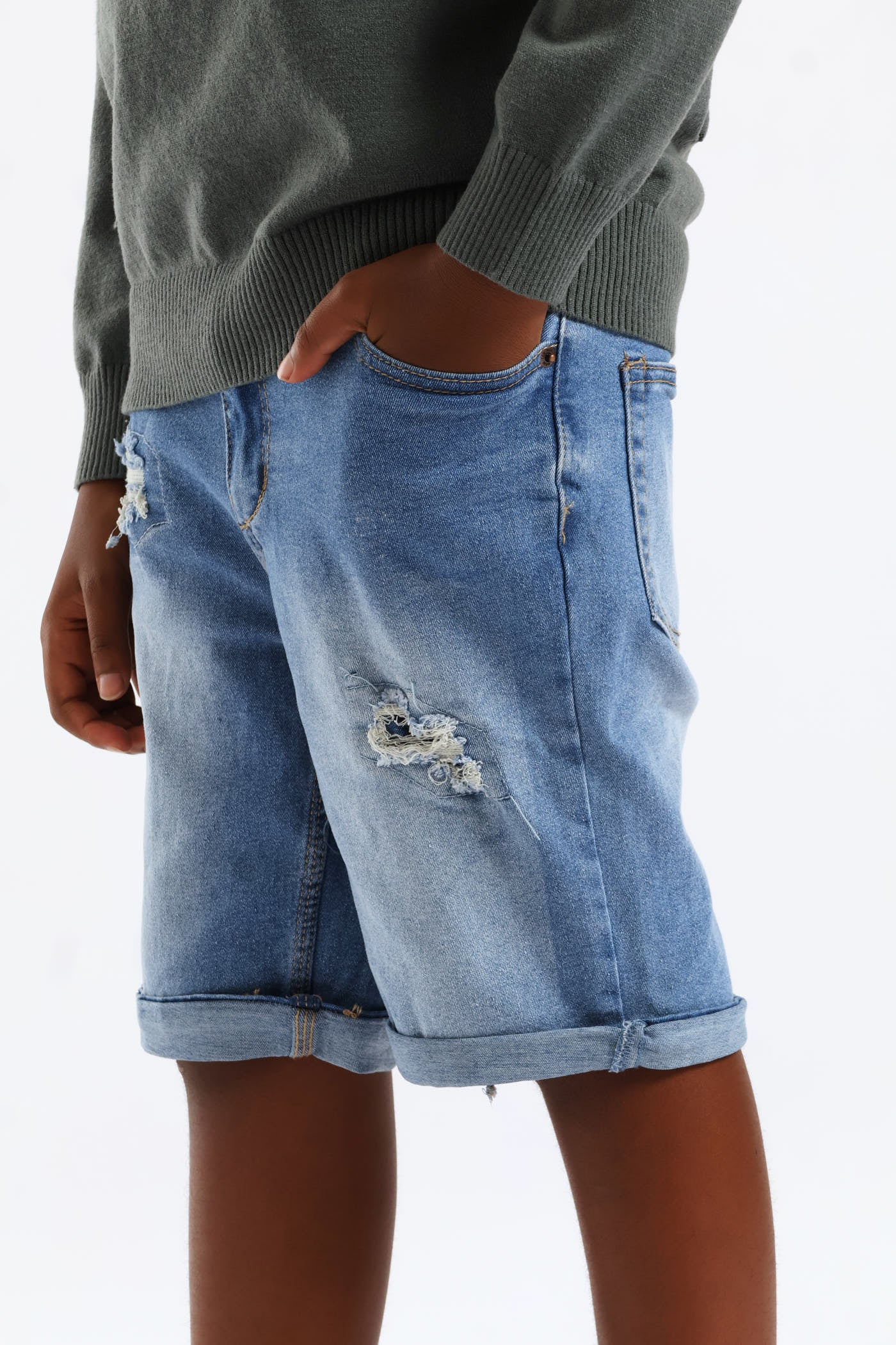 Boys Denim Destressed Rip Walkshort - Blue - Image 2