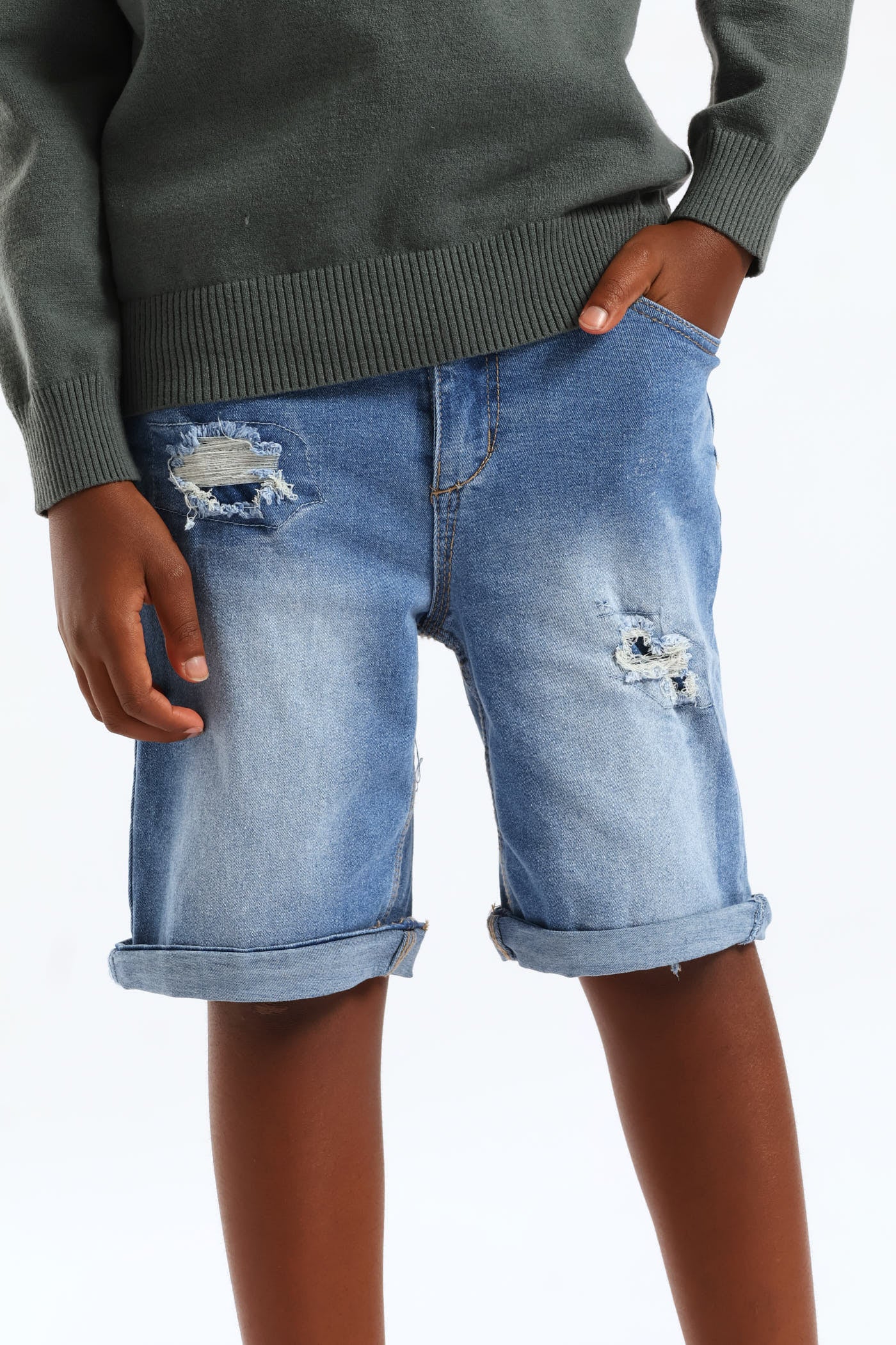 Boys Denim Destressed Rip Walkshort - Blue - Image 6