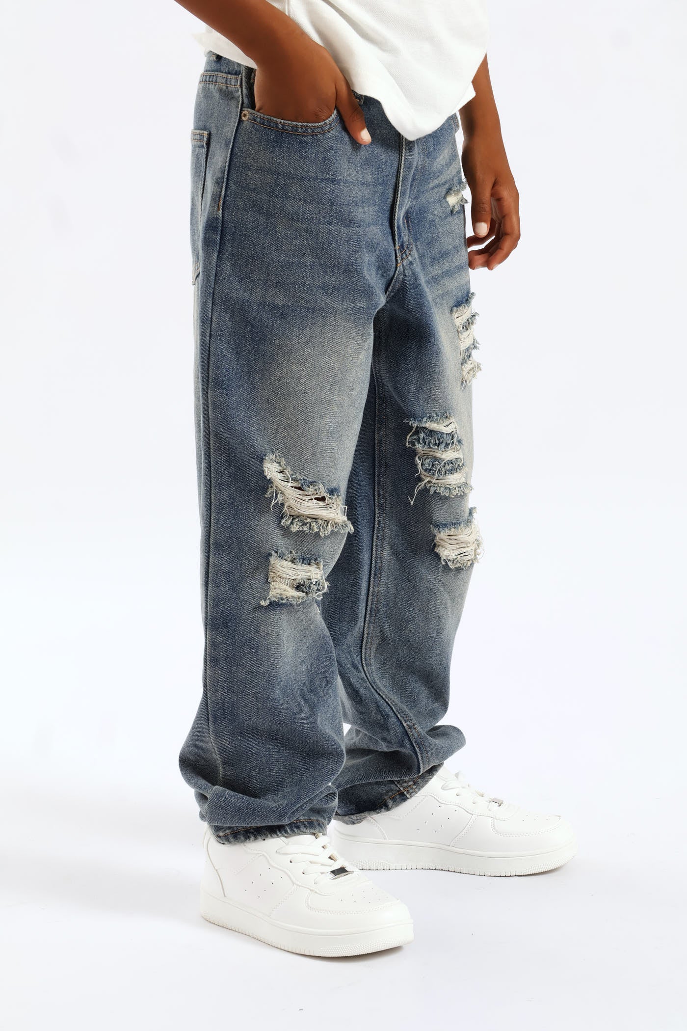 Boys Destressed Ripped Baggy Jean - Blue - Image 4