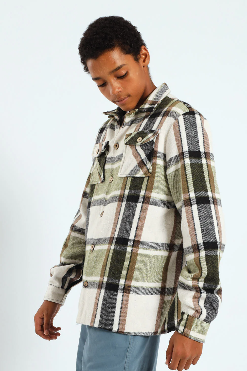Boys Flannel Check Shacket - Cream - Image 2