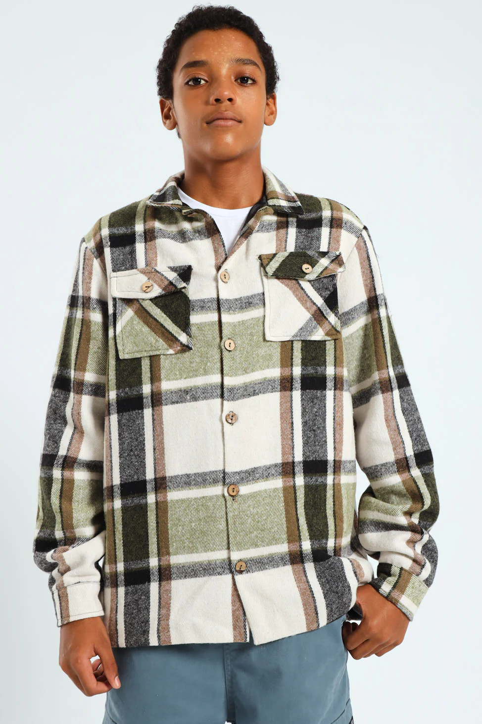 Boys Flannel Check Shacket - Cream - Image 3