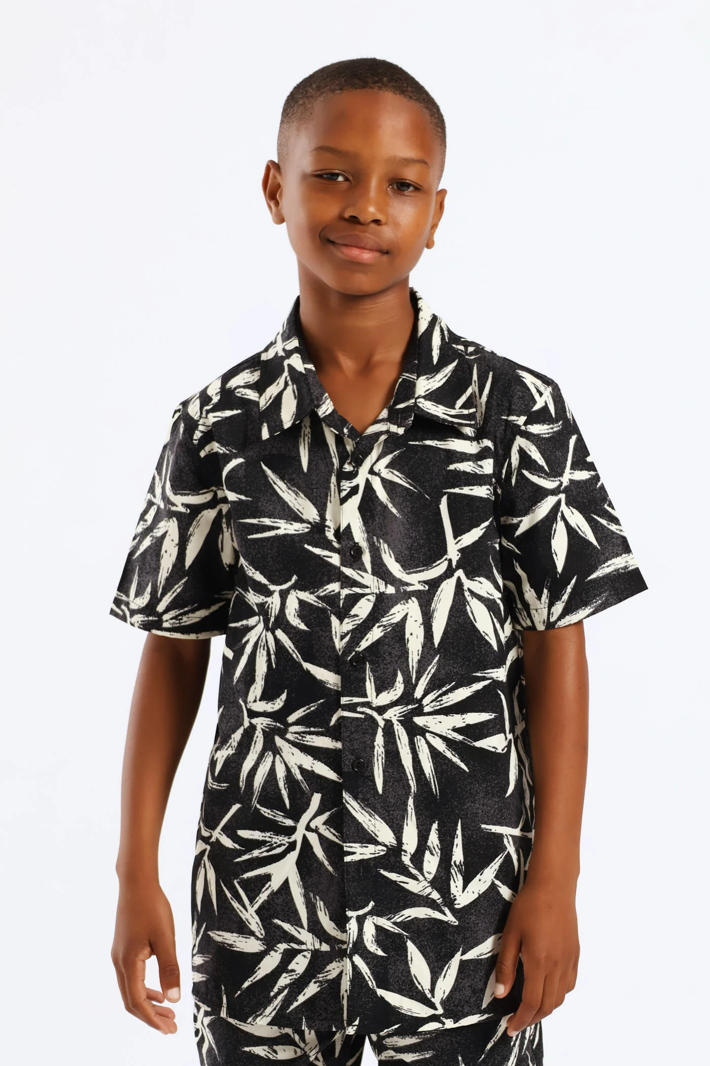 Boys Foliage Print Shirt - Charcoal/Cream - Image 2