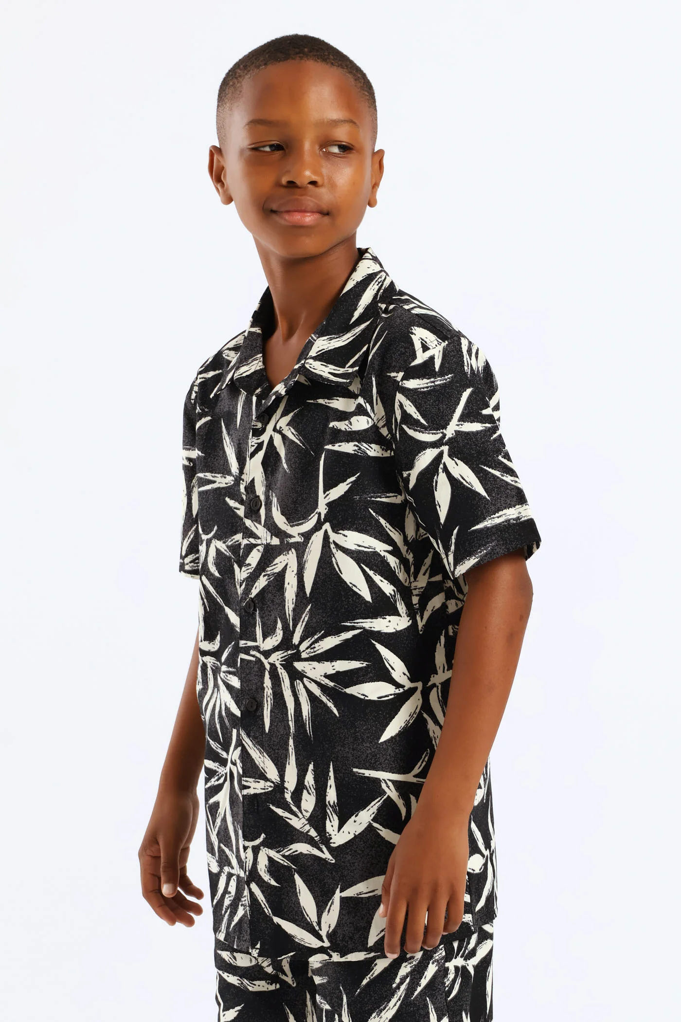 Boys Foliage Print Shirt - Charcoal/Cream - Image 4