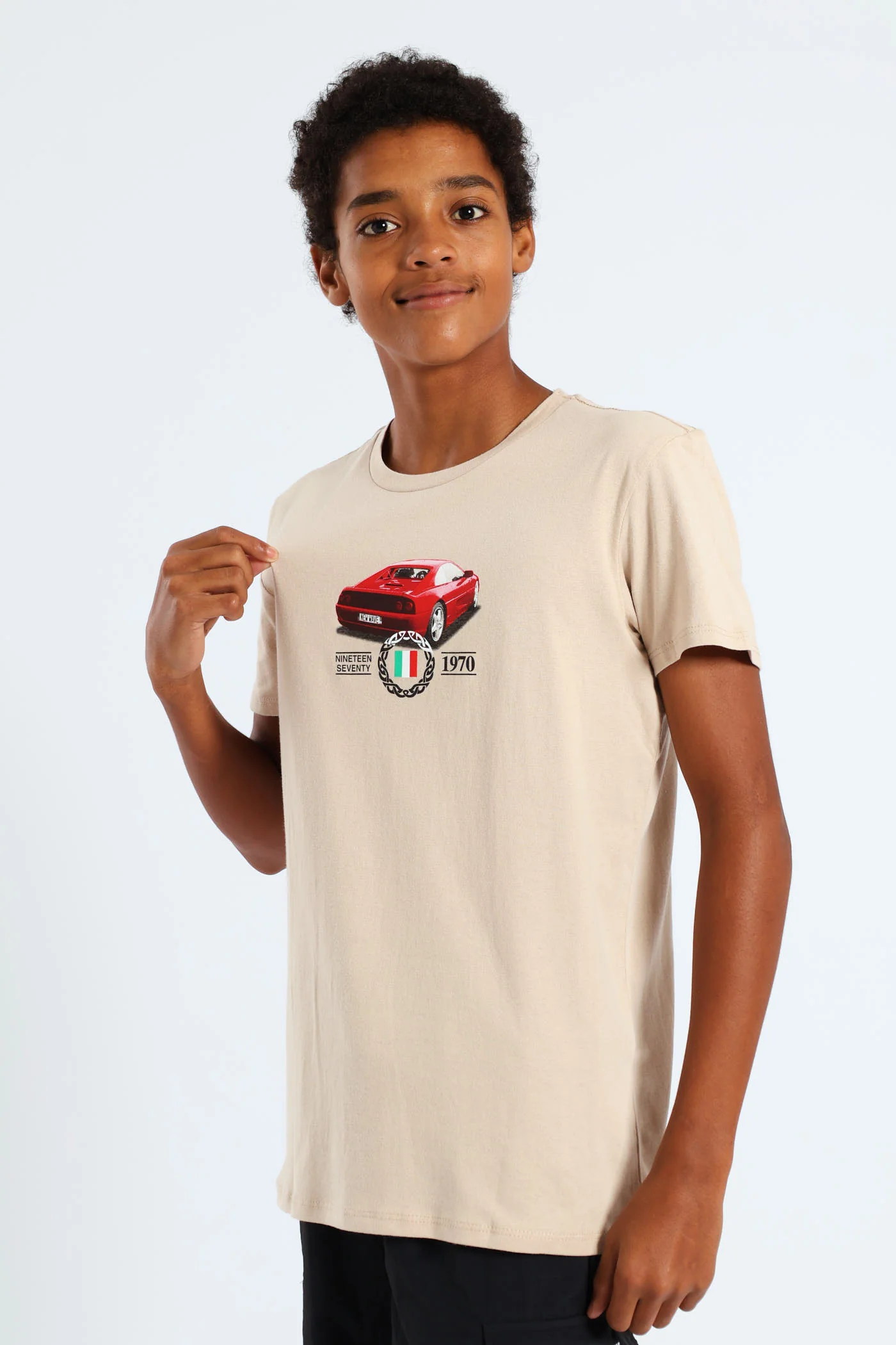 Boys Front & Back Italian Car Print Tee - Stone - Image 2