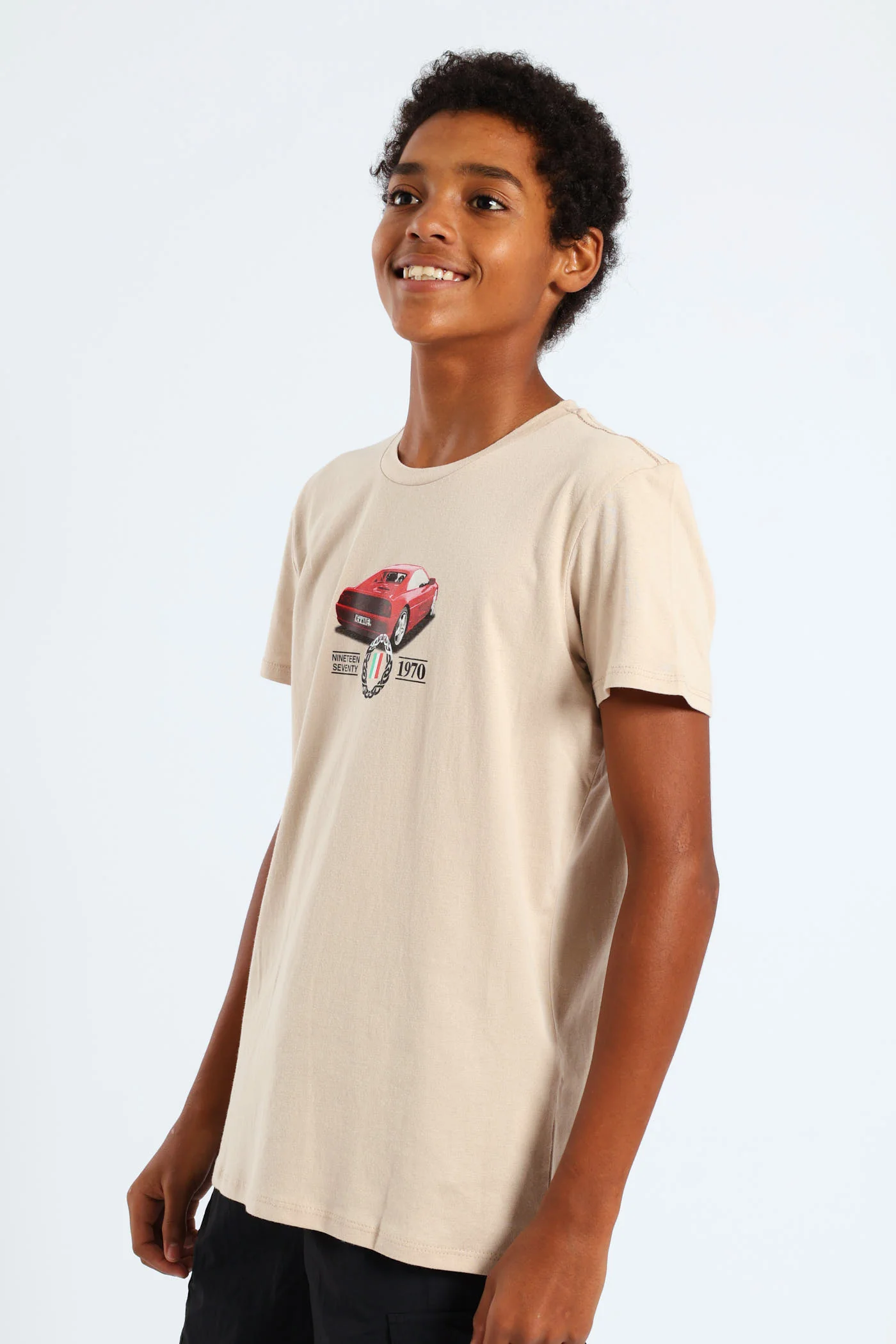 Boys Front & Back Italian Car Print Tee - Stone - Image 3
