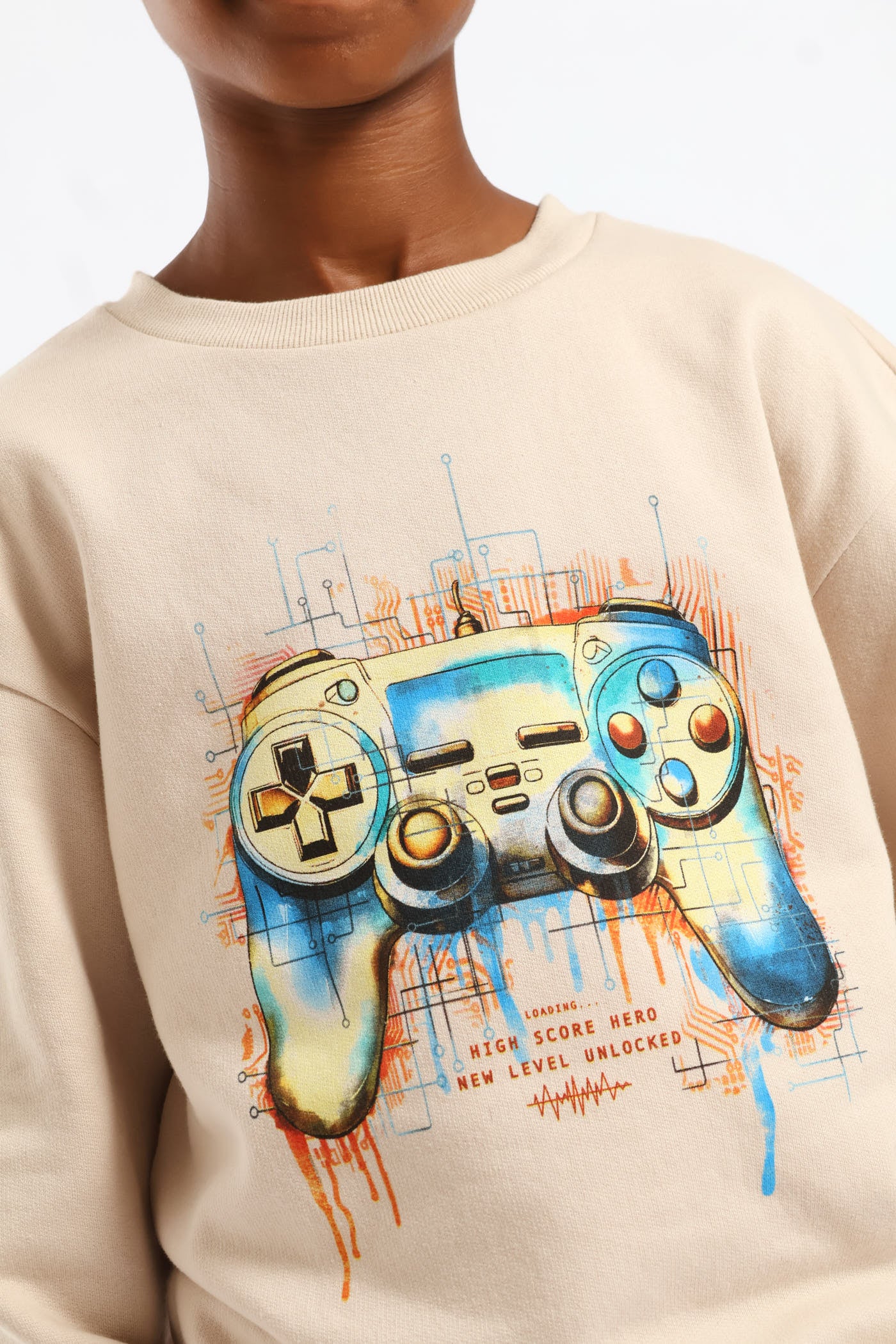 Boys Gamer Print Fleece Crew Top - Stone - Image 2