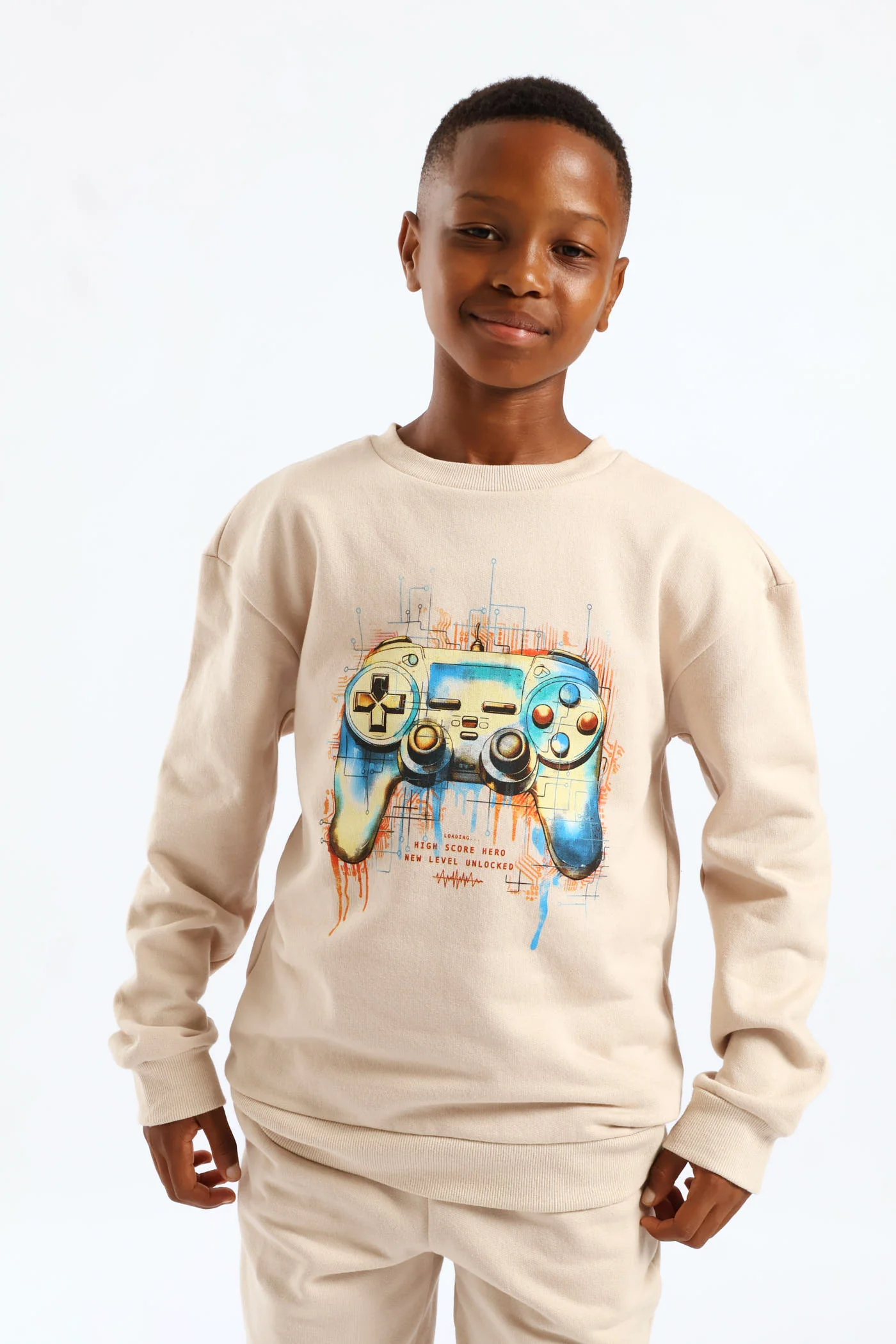 Boys Gamer Print Fleece Crew Top - Stone - Image 3
