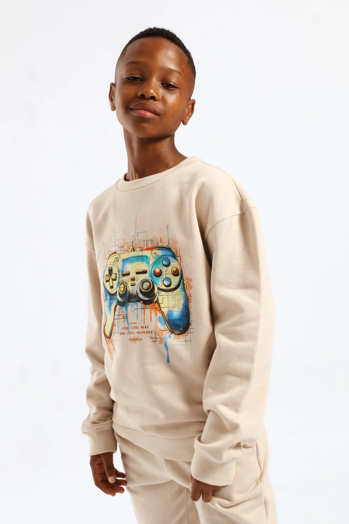 Boys Gamer Print Fleece Crew Top - Stone - Image 4