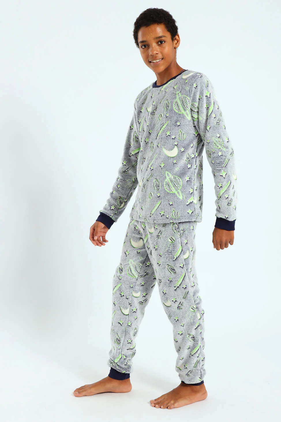 Boys Glow In The Dark Space Long Sleeve Sleep Set - Navy/Grey - Image 3