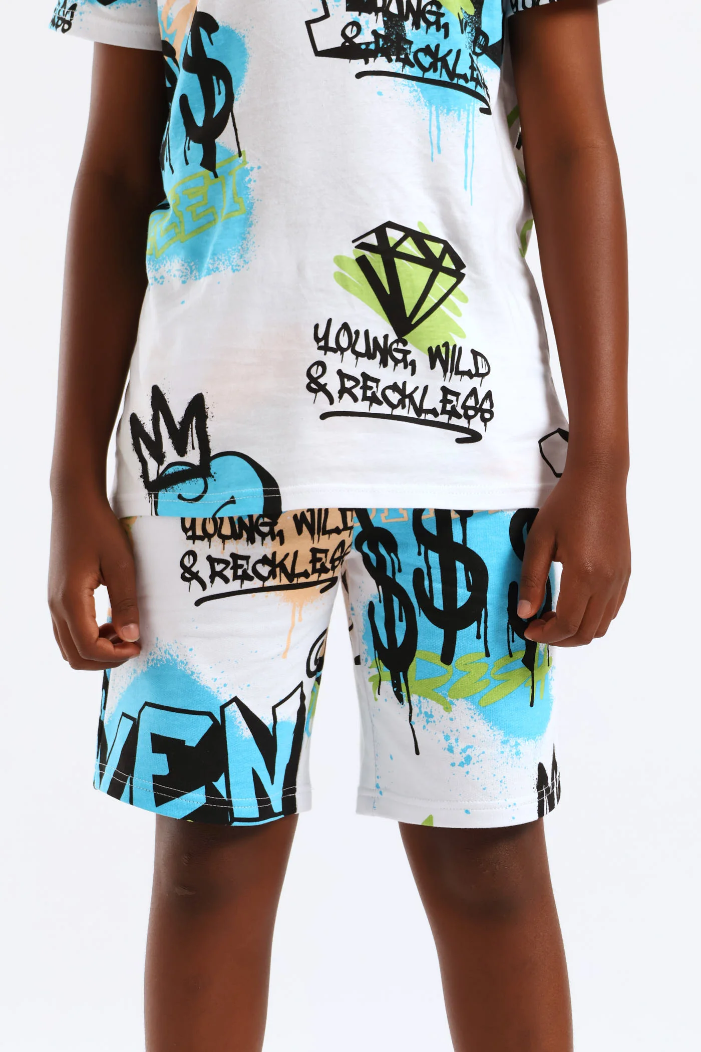 Boys Graffiti Print Fleece Short - White - Image 4