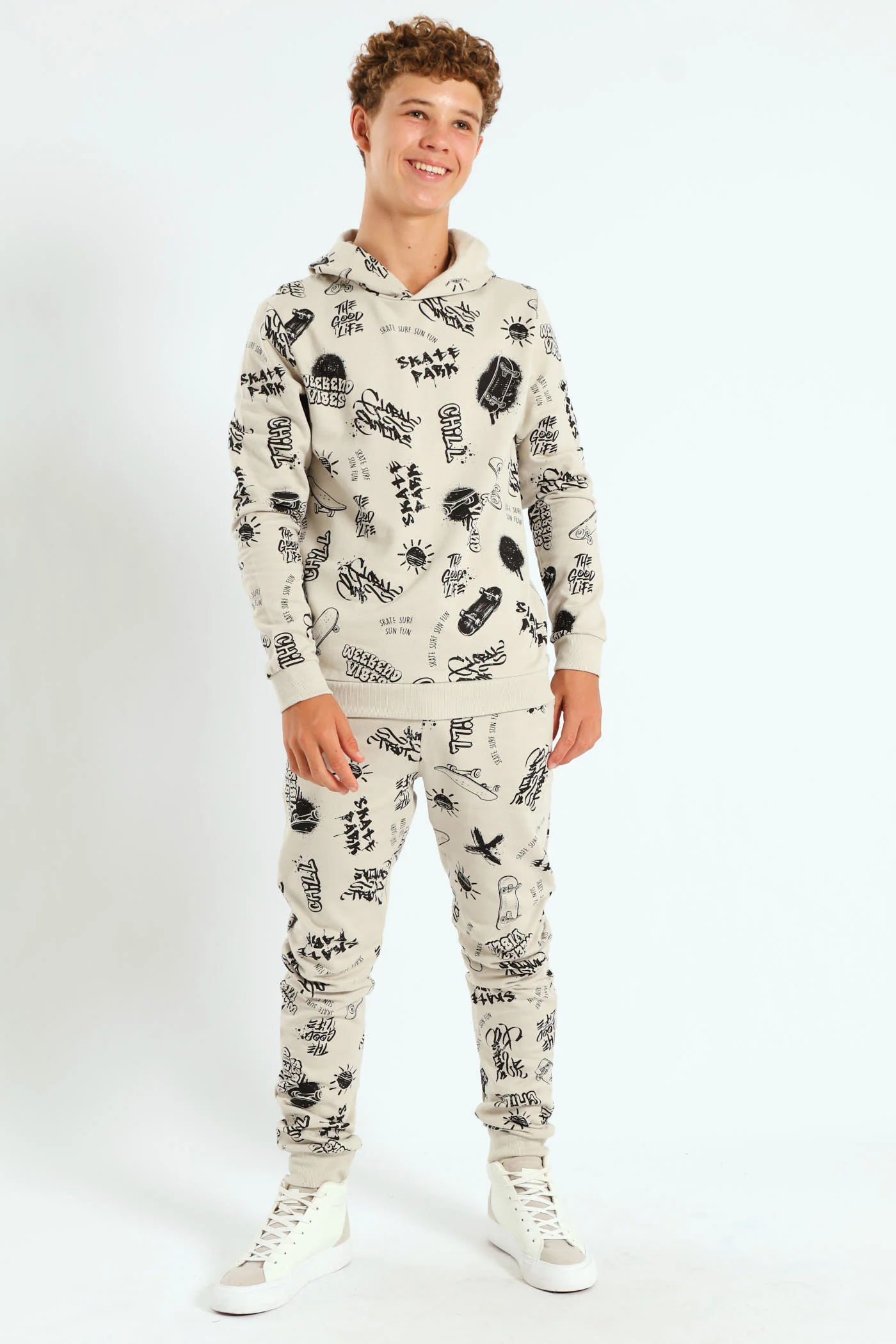 Boys Graffiti Print Hoody - Light Stone - Image 2
