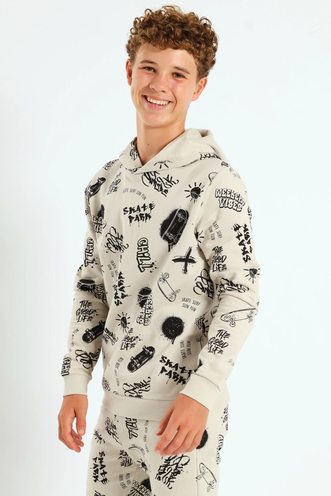 Boys Graffiti Print Hoody - Light Stone - Image 3