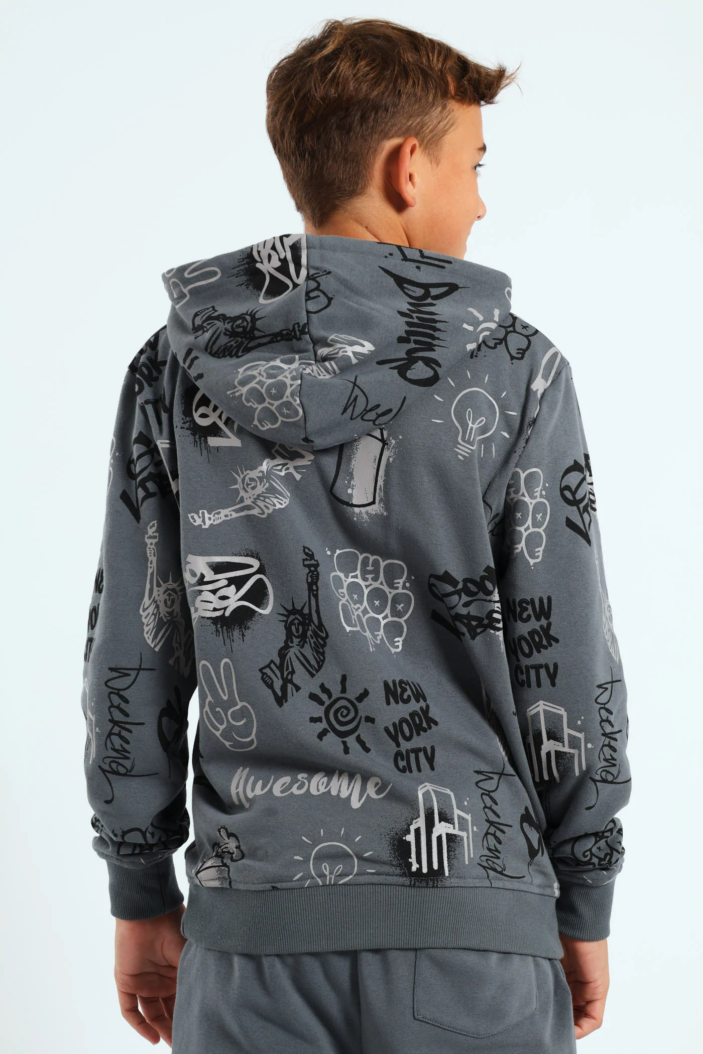 Boys Graffiti Print Hoody - Charcoal - Image 3