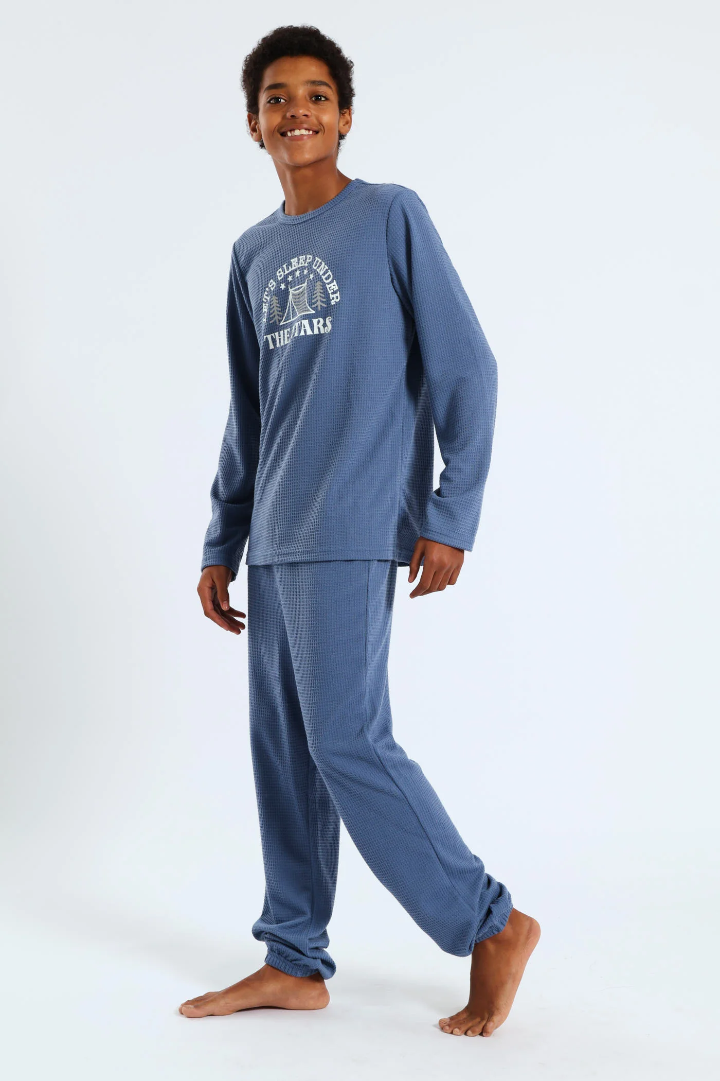 Boys Long Sleeve Long Bottom Waffle Sleep Set - Blue - Image 2