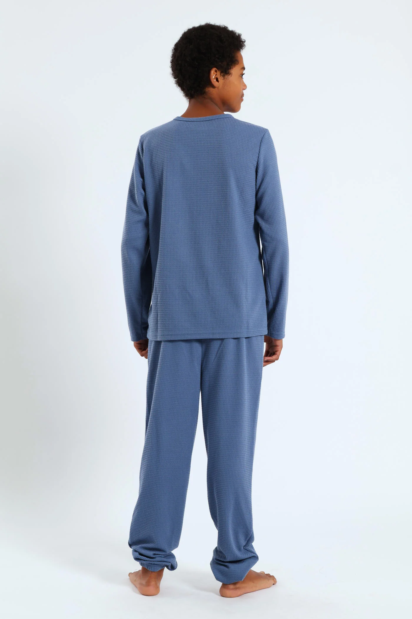 Boys Long Sleeve Long Bottom Waffle Sleep Set - Blue - Image 3