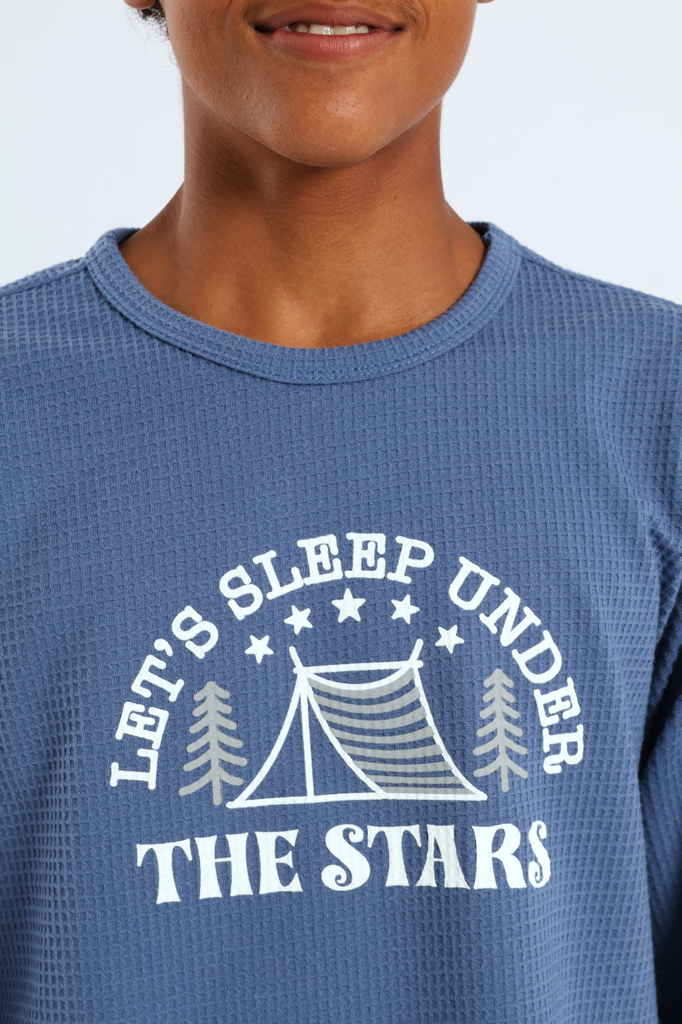 Boys Long Sleeve Long Bottom Waffle Sleep Set - Blue - Image 4