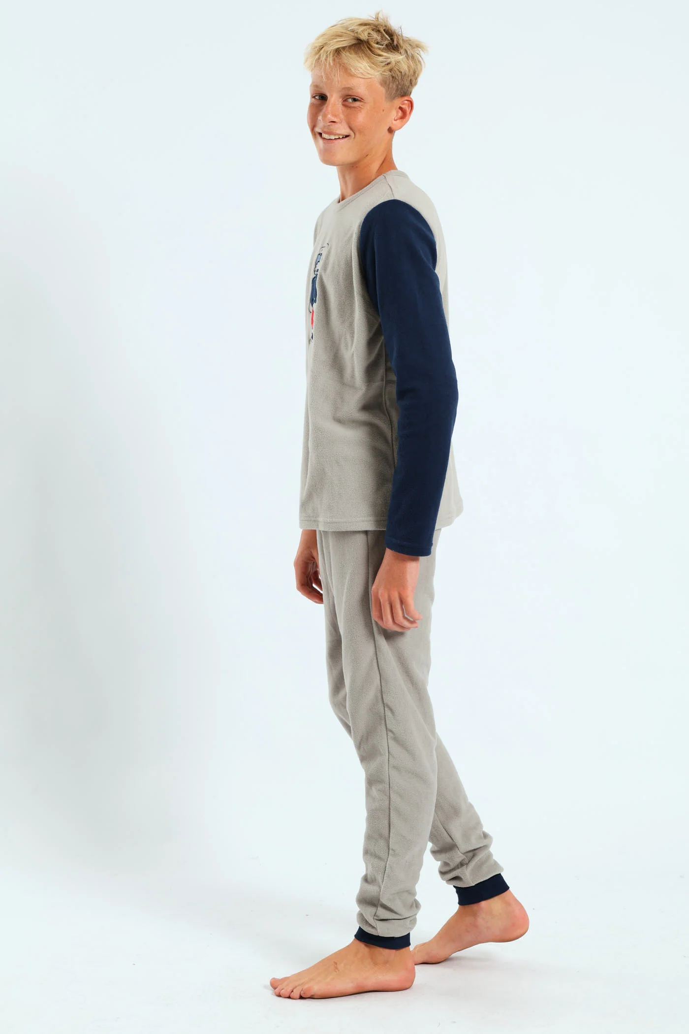 Boys Micro Fleece Bear Raglan Sleeve Sleep Set - Grey - Image 2