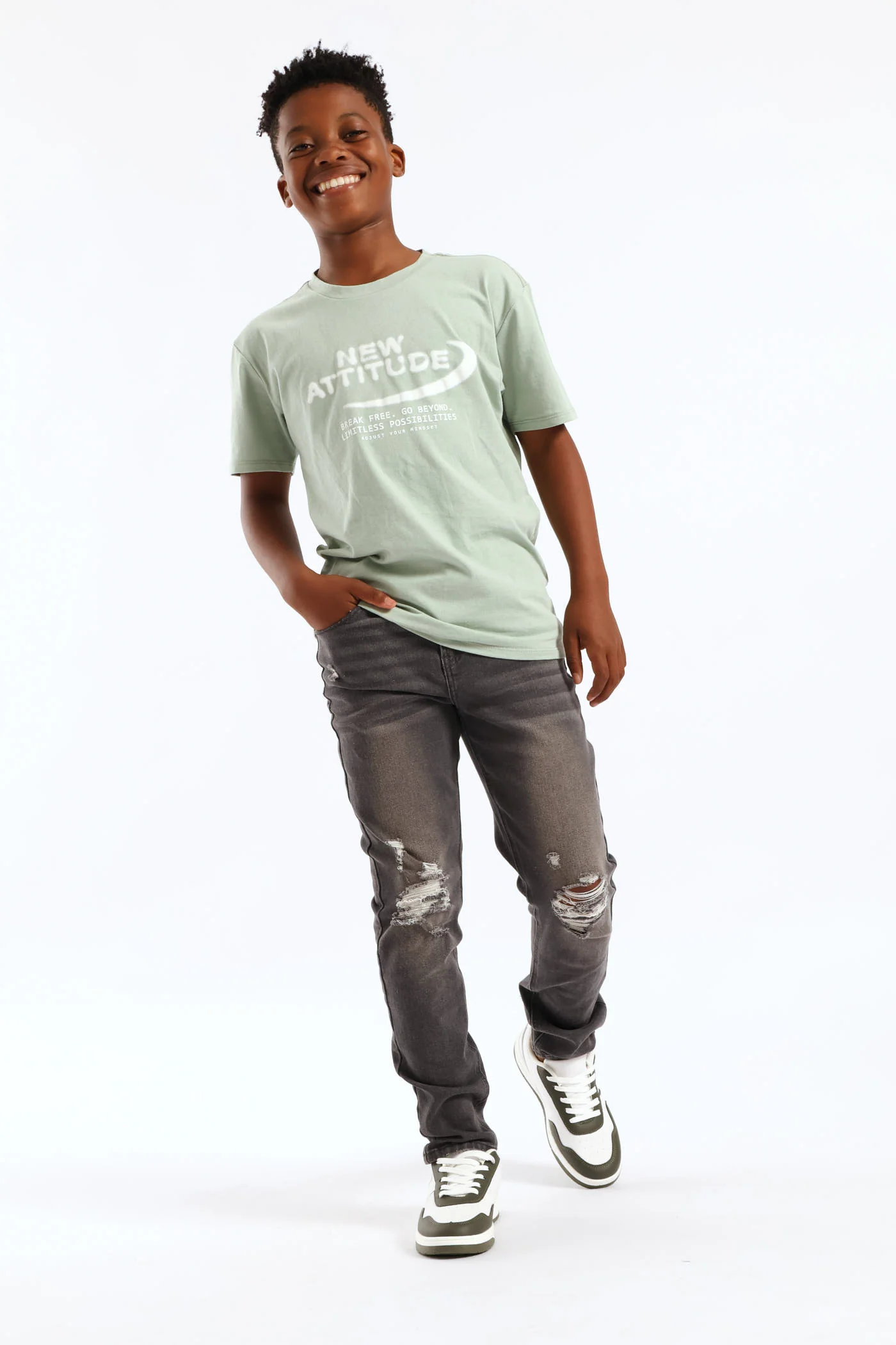 Boys New Attitude Print T-Shirt - Sage - Image 5