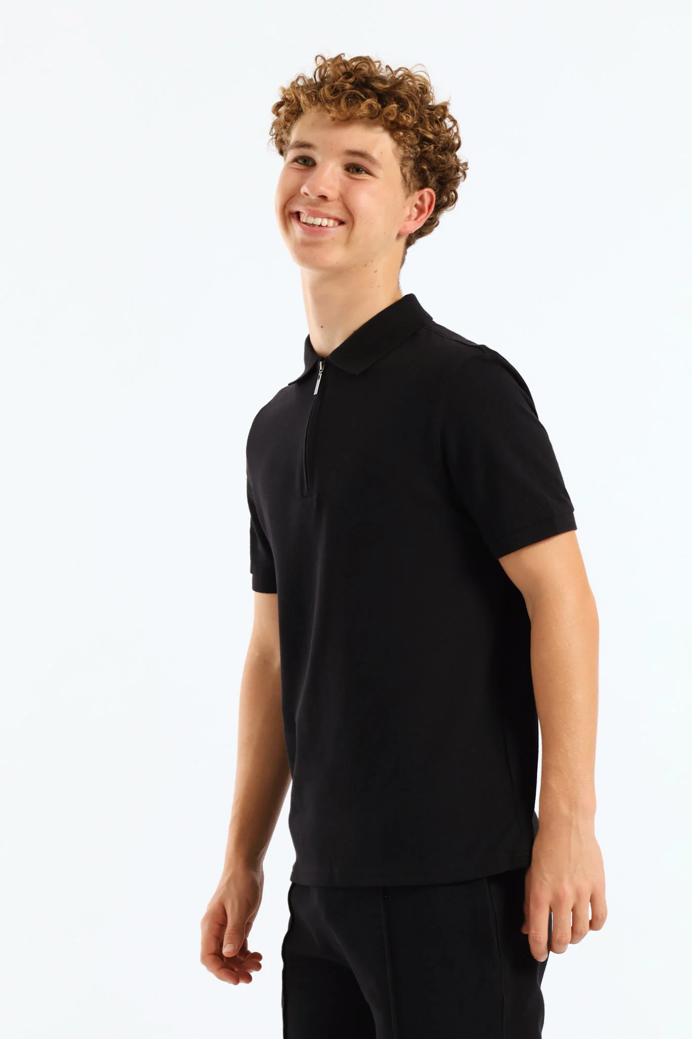 Boys Pique Zip Golfer - Black - Image 3