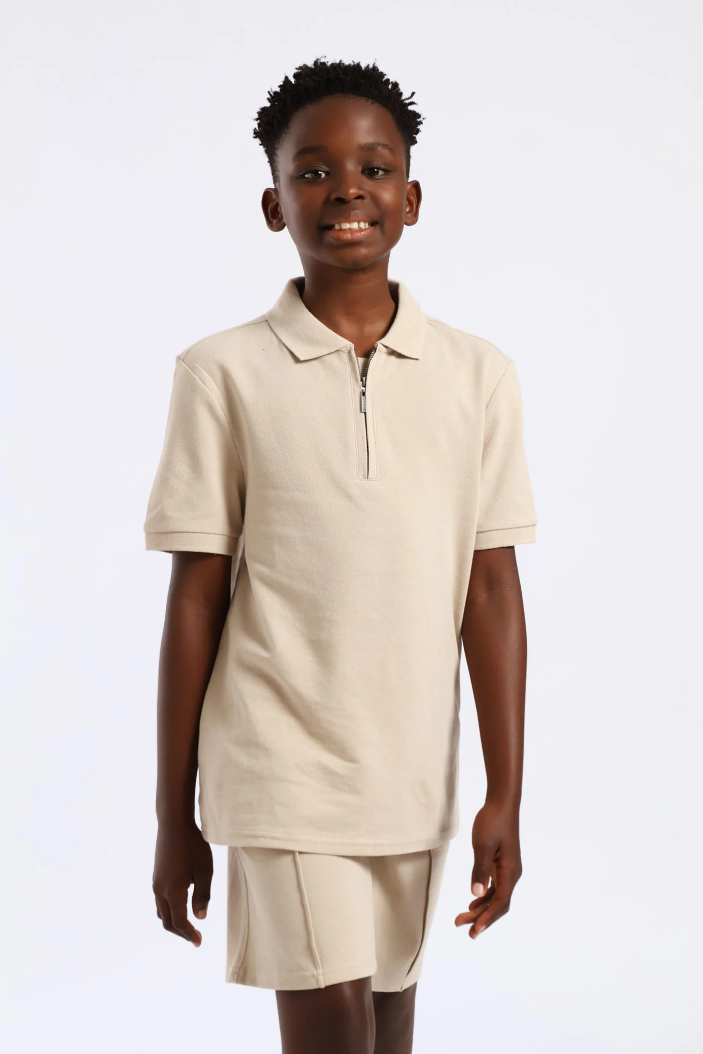 Boys Pique Zip Golfer - Stone - Image 2