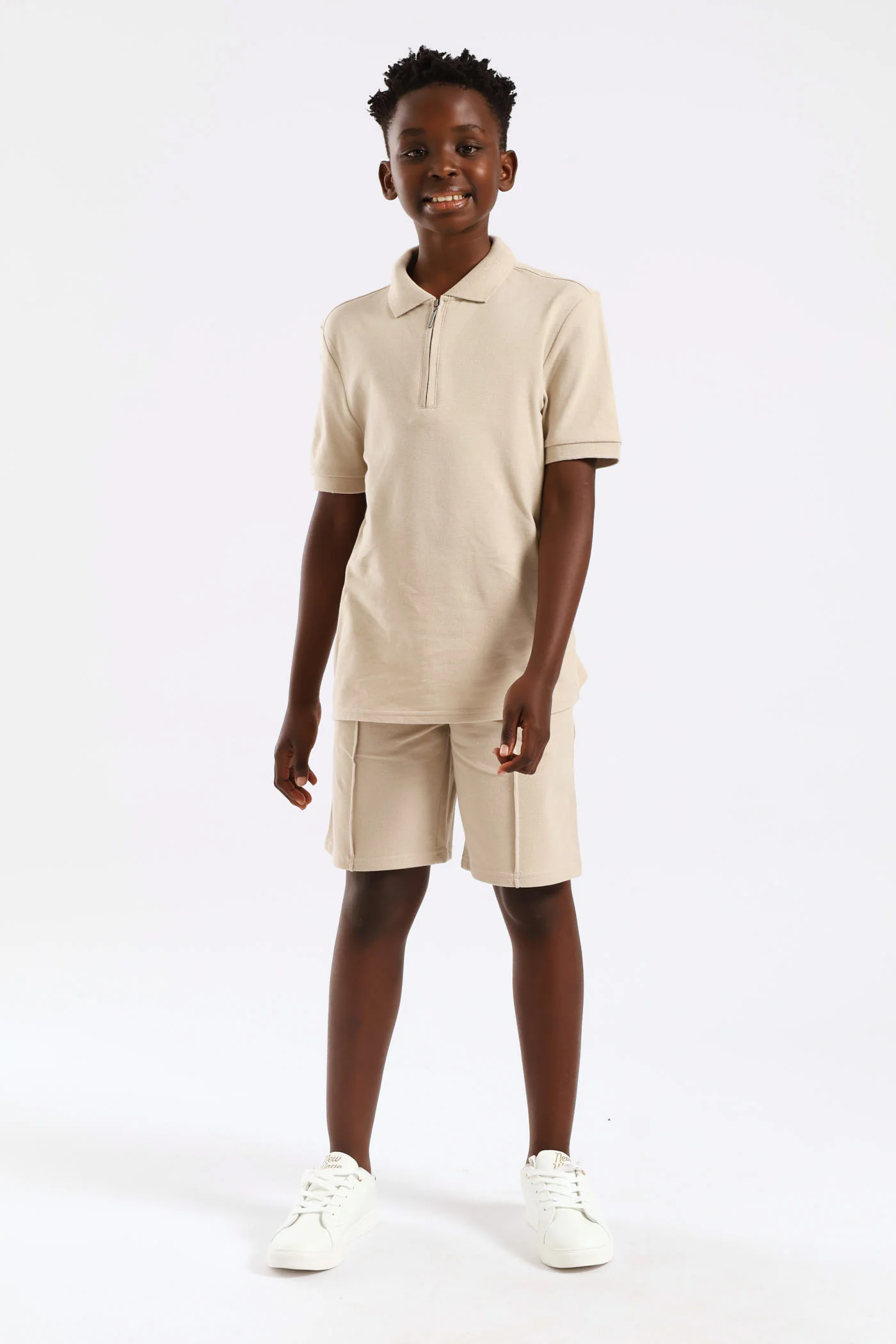 Boys Pique Zip Golfer - Stone - Image 6