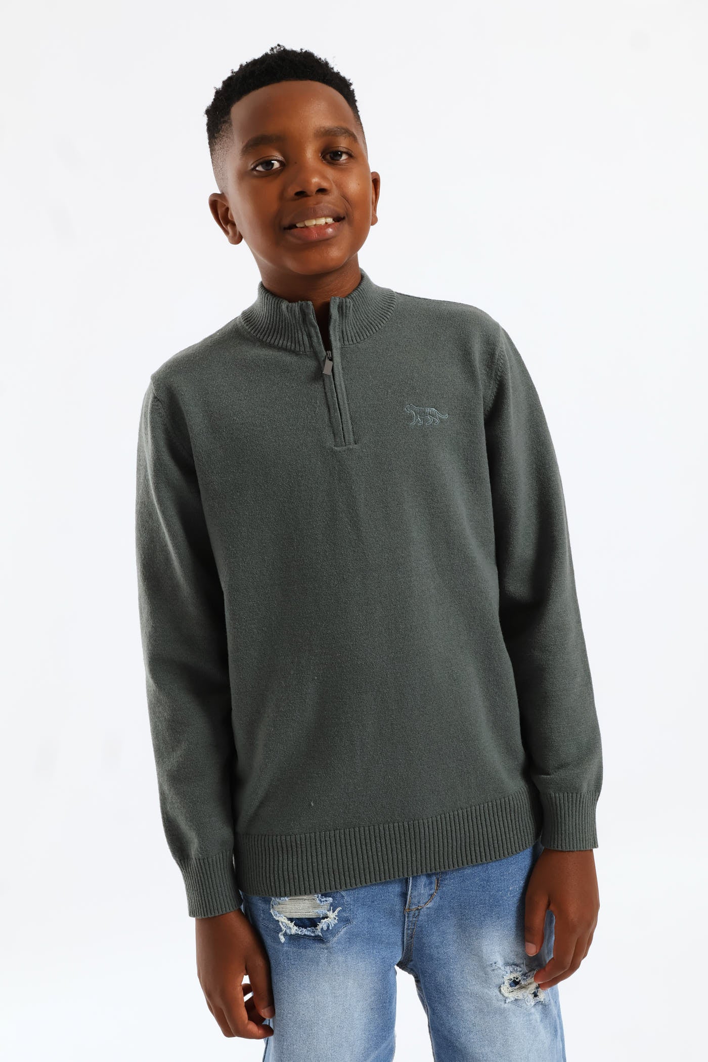 Boys Quarter Zip Knit Pullover - Green - Image 2