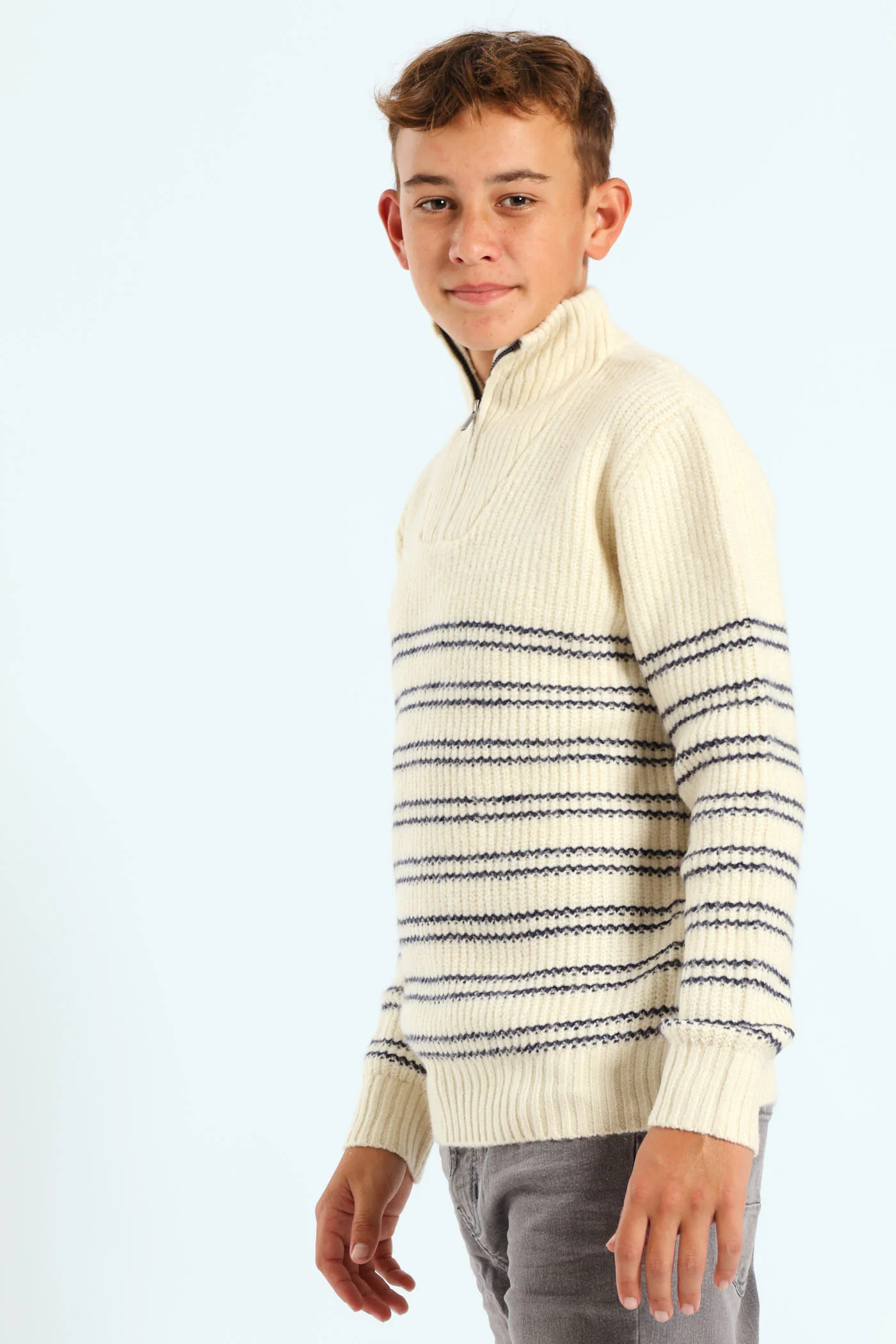 Boys Quarter Zip Stripe Knit Pullover - Cream - Image 2
