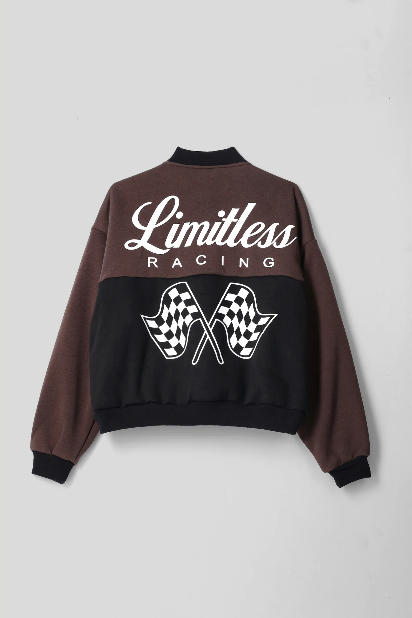 Girls Racing Print Oversized Baseball Jacket - Black/Brown - Image 2