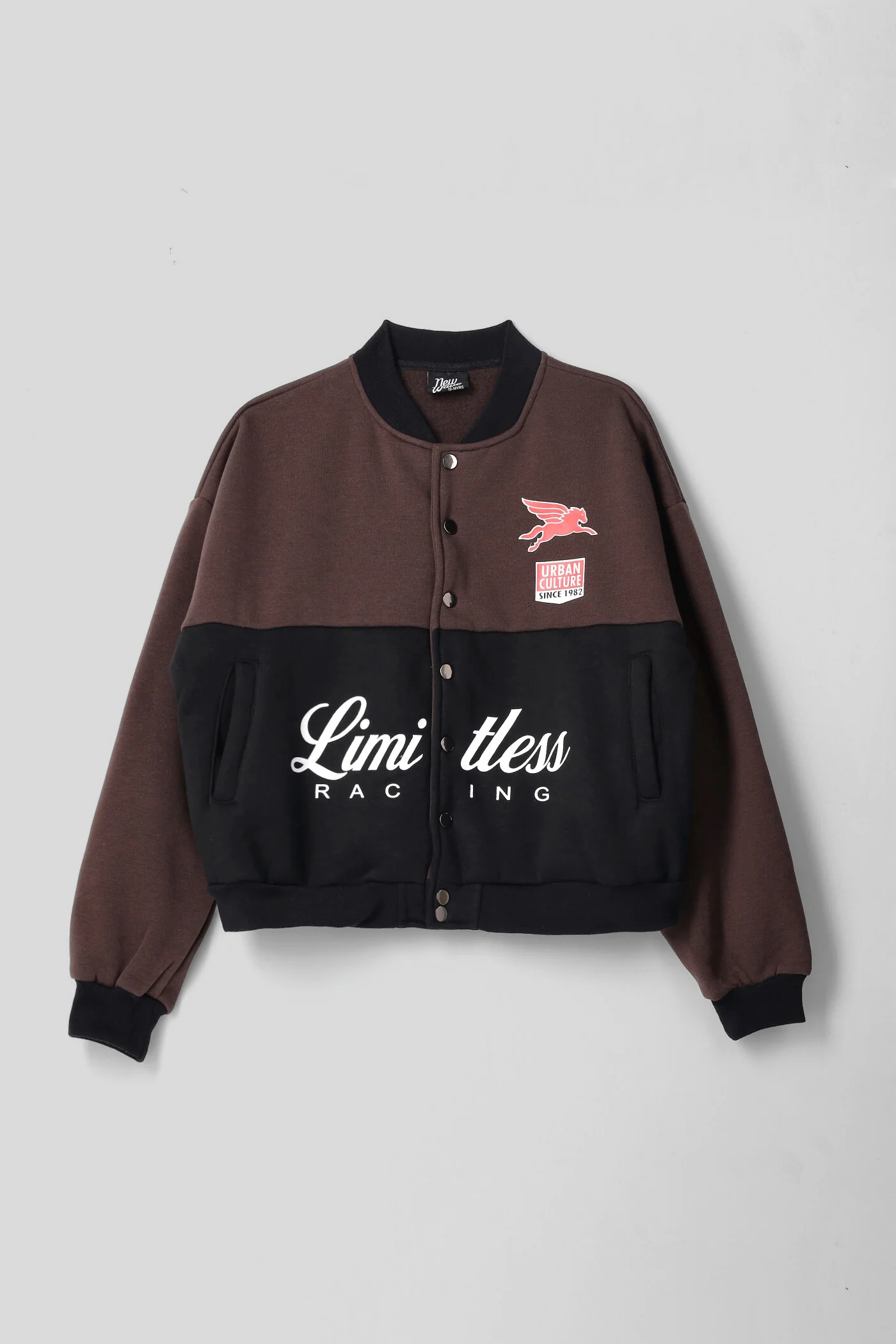 Girls Racing Print Oversized Baseball Jacket - Black/Brown - Image 3