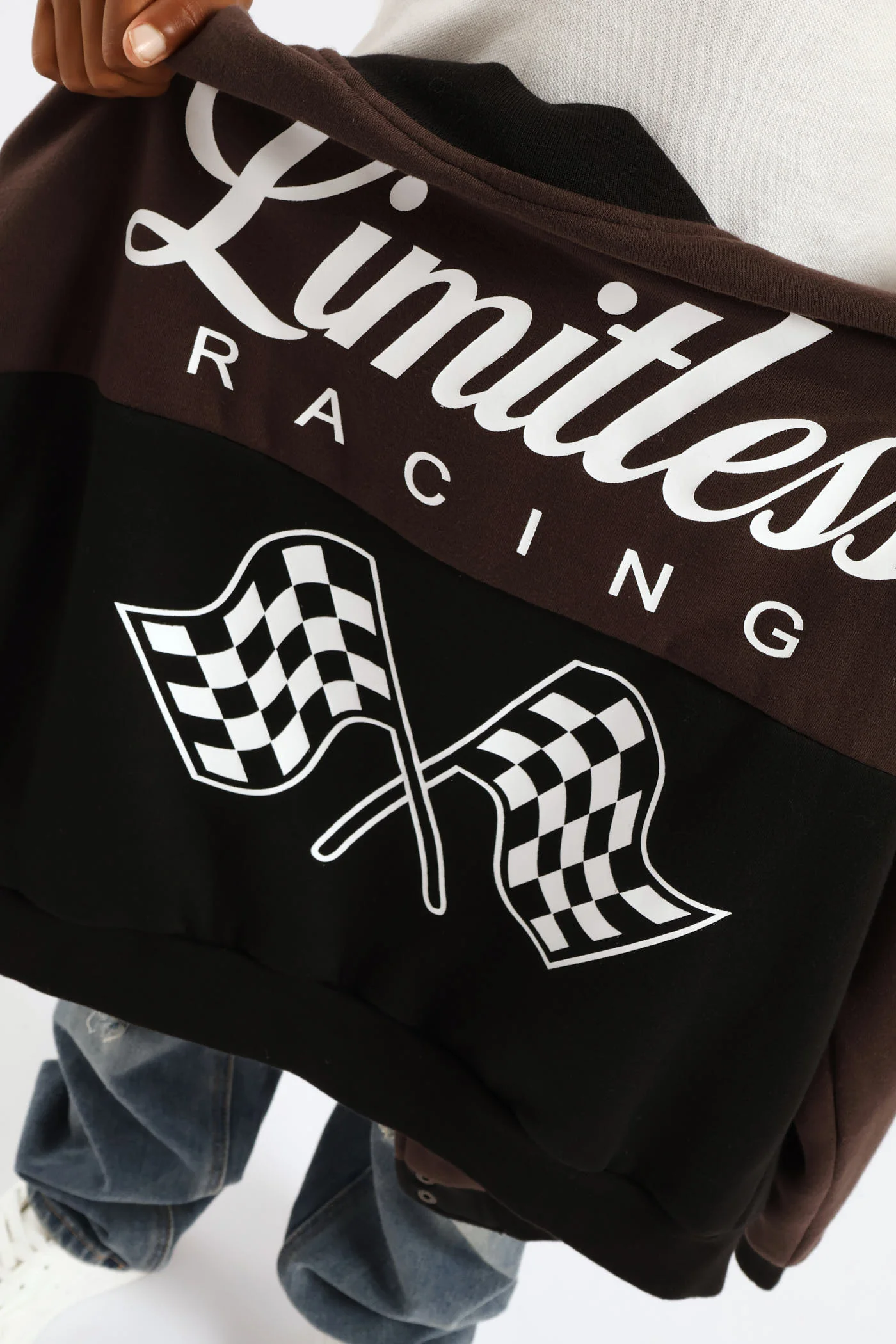 Girls Racing Print Oversized Baseball Jacket - Black/Brown - Image 4