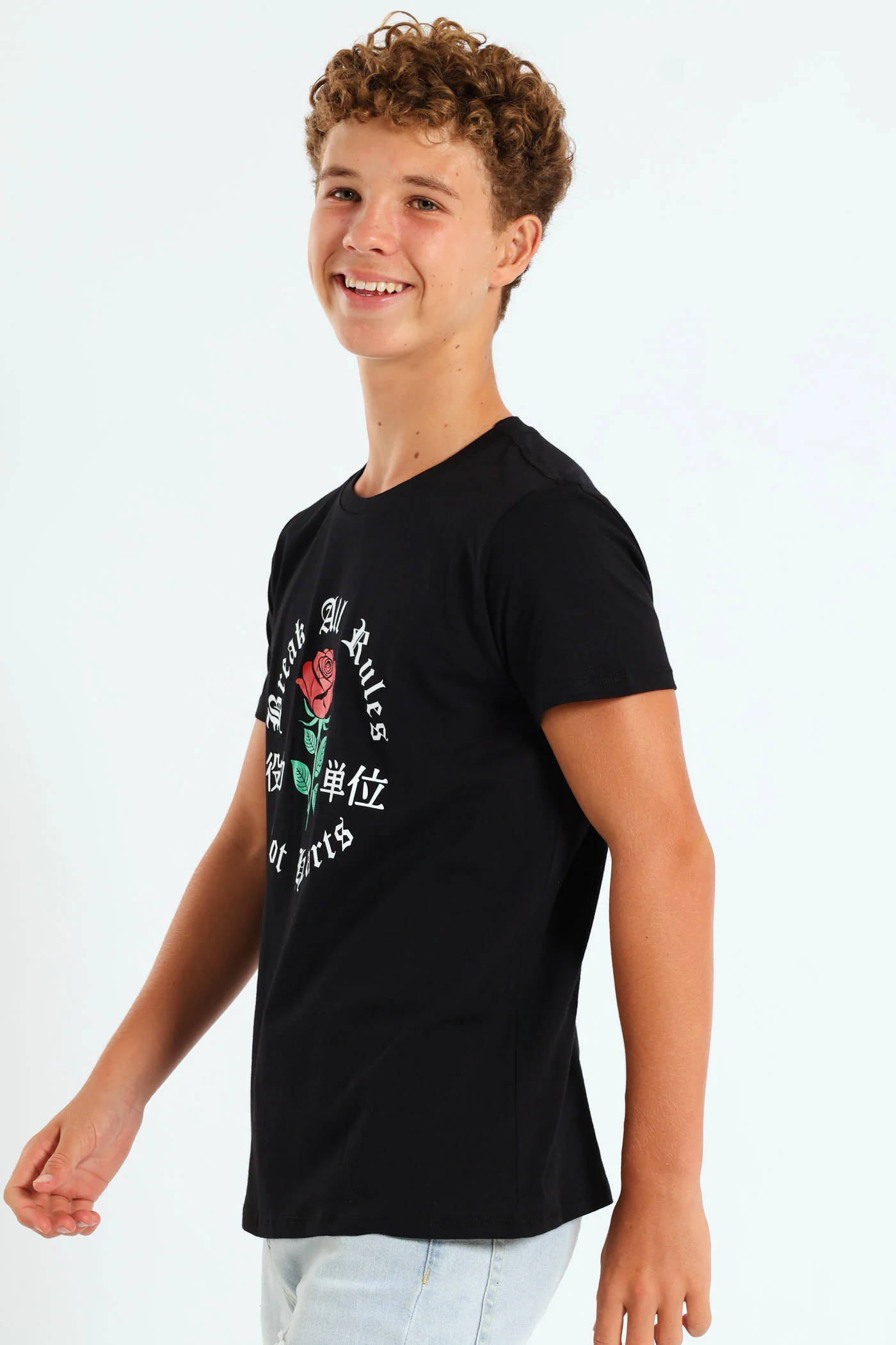 Boys Rose Print Tee - Black - Image 3