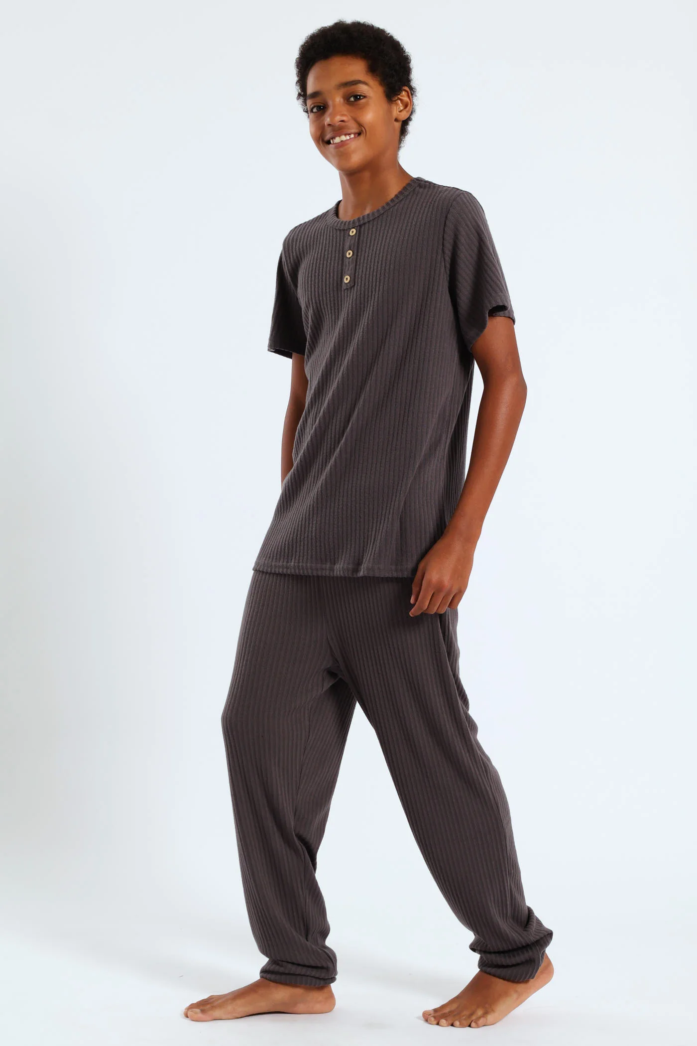 Boys Short Sleeve Long Bottom Ribbed Sleep Set - Grey - Image 2