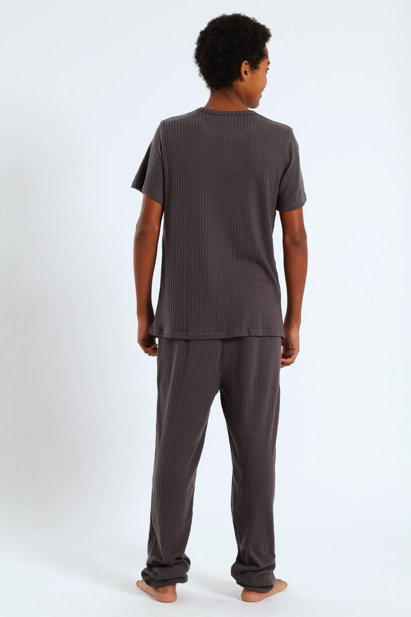 Boys Short Sleeve Long Bottom Ribbed Sleep Set - Grey - Image 3